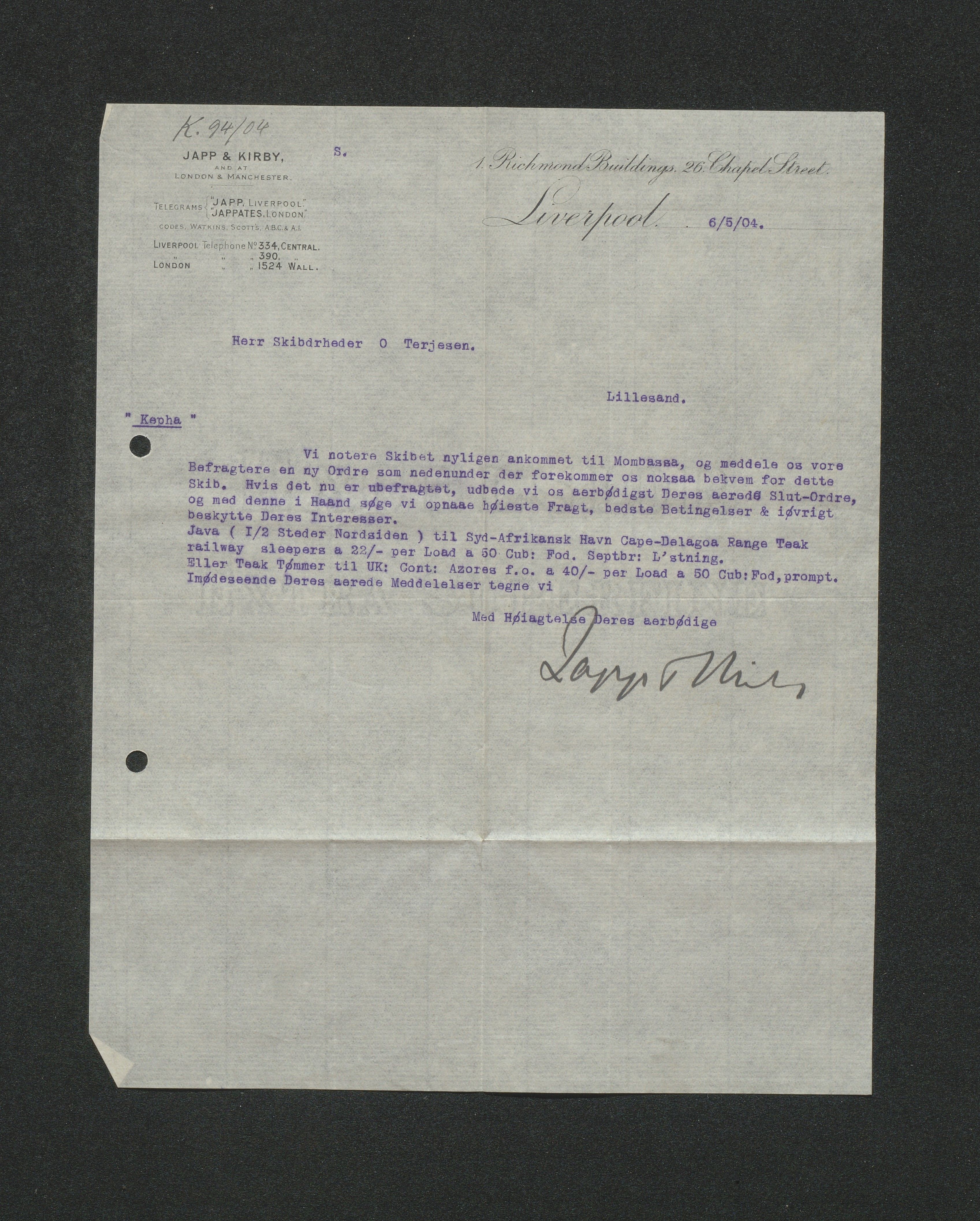 O. Terjesens rederi, AAKS/PA-2525/E/E01/L0013: Korrespondanse, 1904-1905