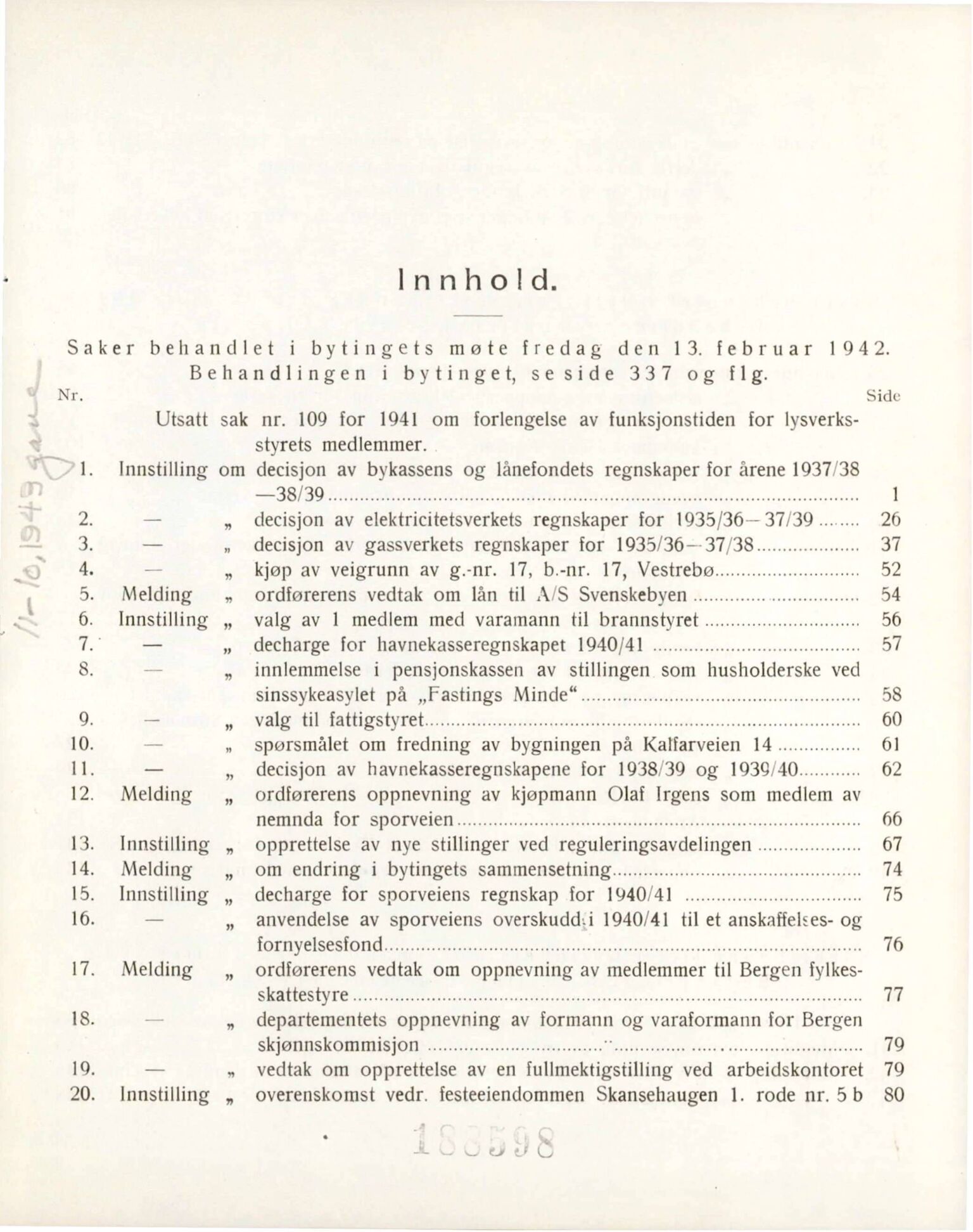 Bergen kommune. Formannskapet, BBA/A-0003/Ad/L0144: Bergens Kommuneforhandlinger, bind I, 1942