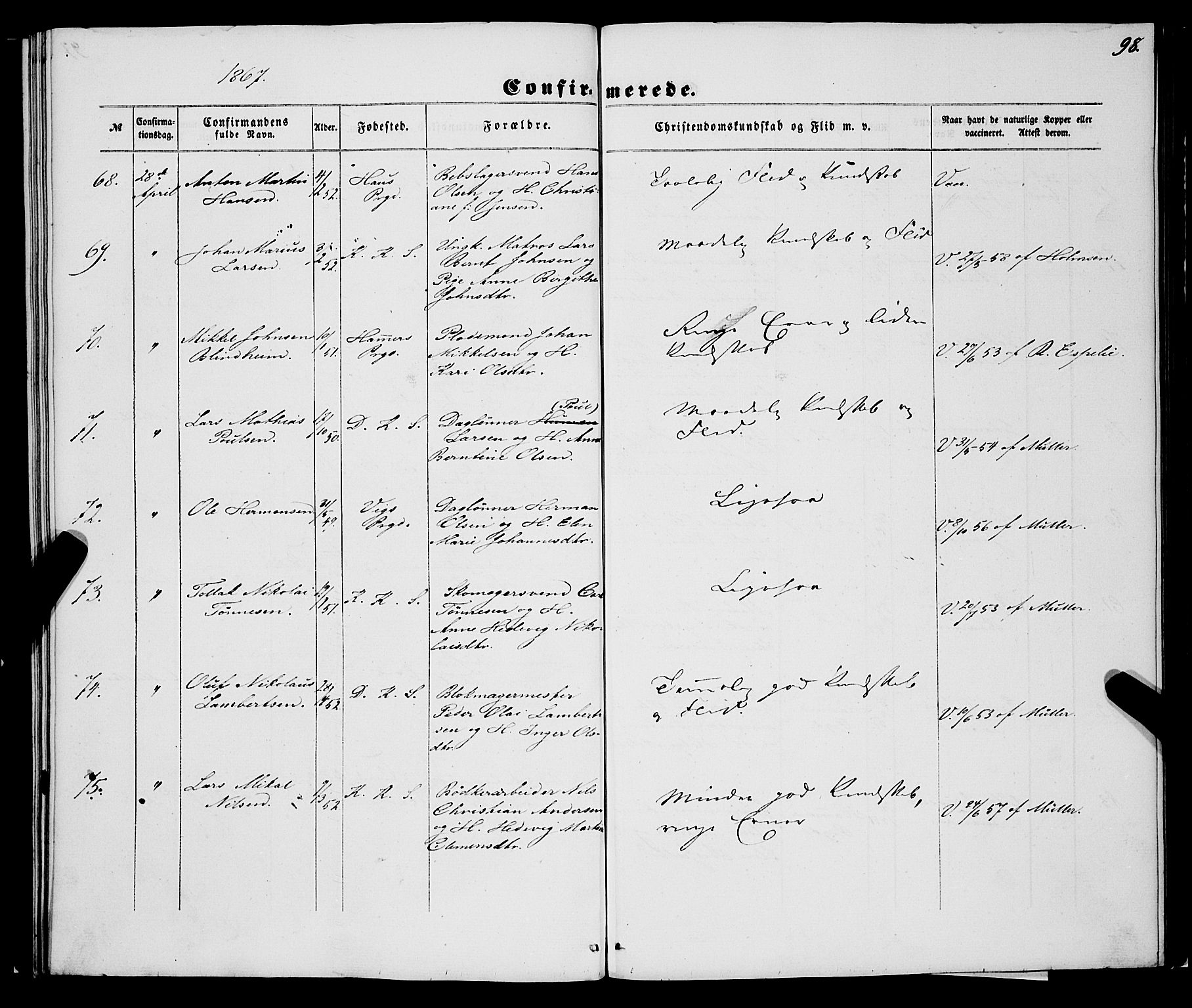 Korskirken sokneprestembete, SAB/A-76101/H/Haa/L0069: Residerende kapellans bok nr. A 4, 1856-1869, s. 98