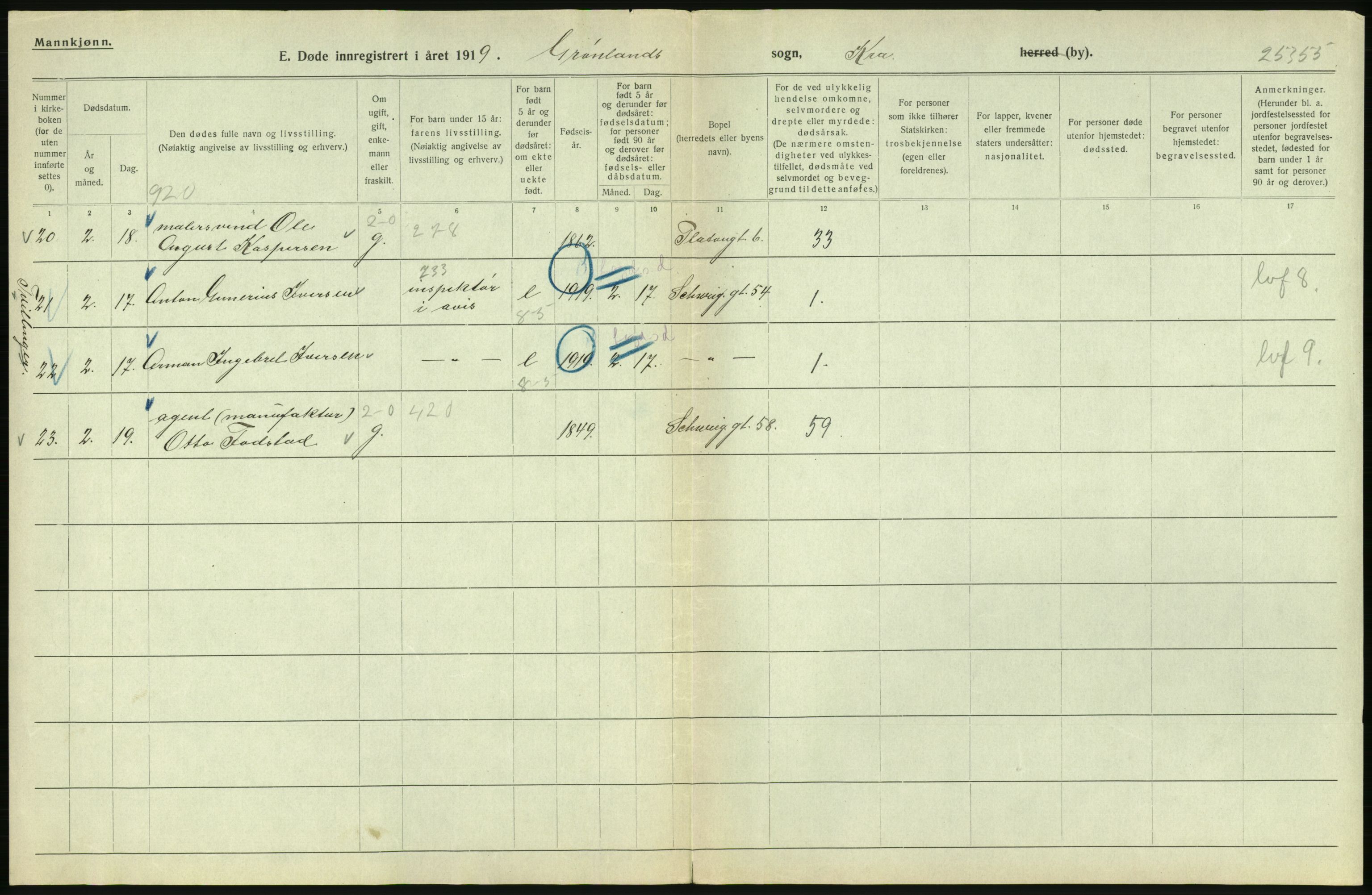 Statistisk sentralbyrå, Sosiodemografiske emner, Befolkning, AV/RA-S-2228/D/Df/Dfb/Dfbi/L0010: Kristiania: Døde, 1919, s. 38