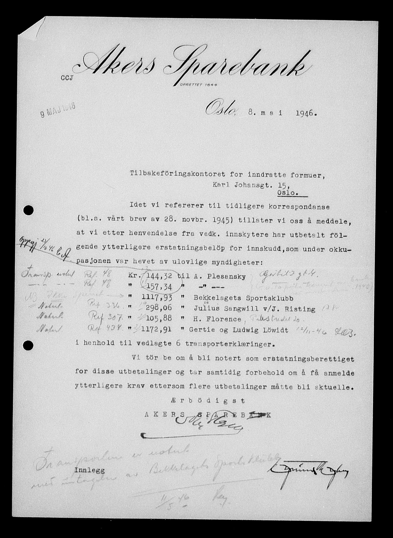 Justisdepartementet, Tilbakeføringskontoret for inndratte formuer, AV/RA-S-1564/H/Hc/Hcc/L0970: --, 1945-1947, s. 4