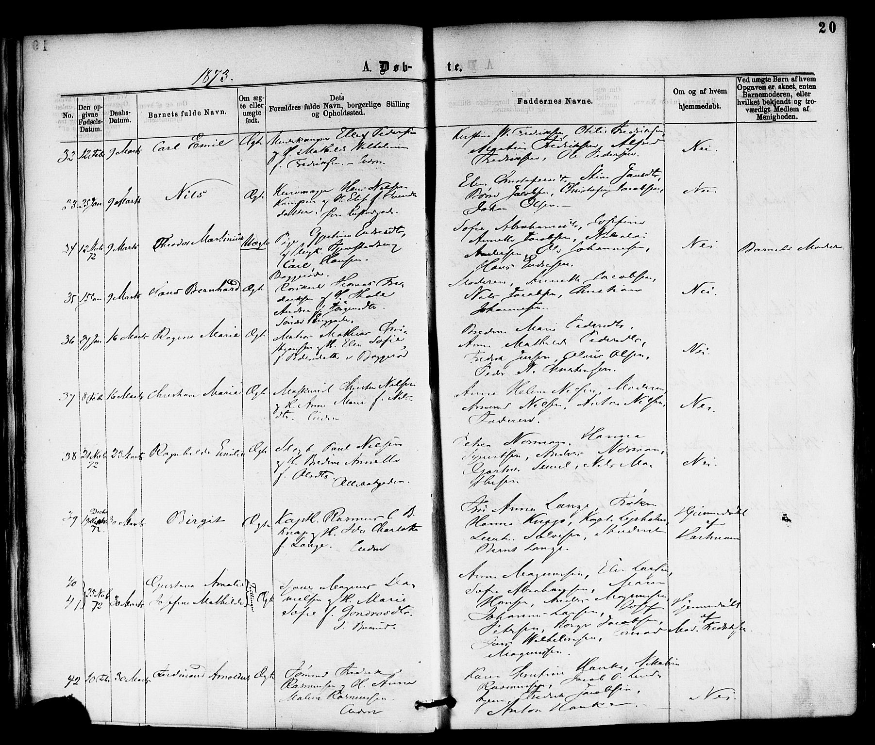 Horten kirkebøker, AV/SAKO-A-348/F/Fa/L0002: Ministerialbok nr. 2, 1872-1877, s. 20