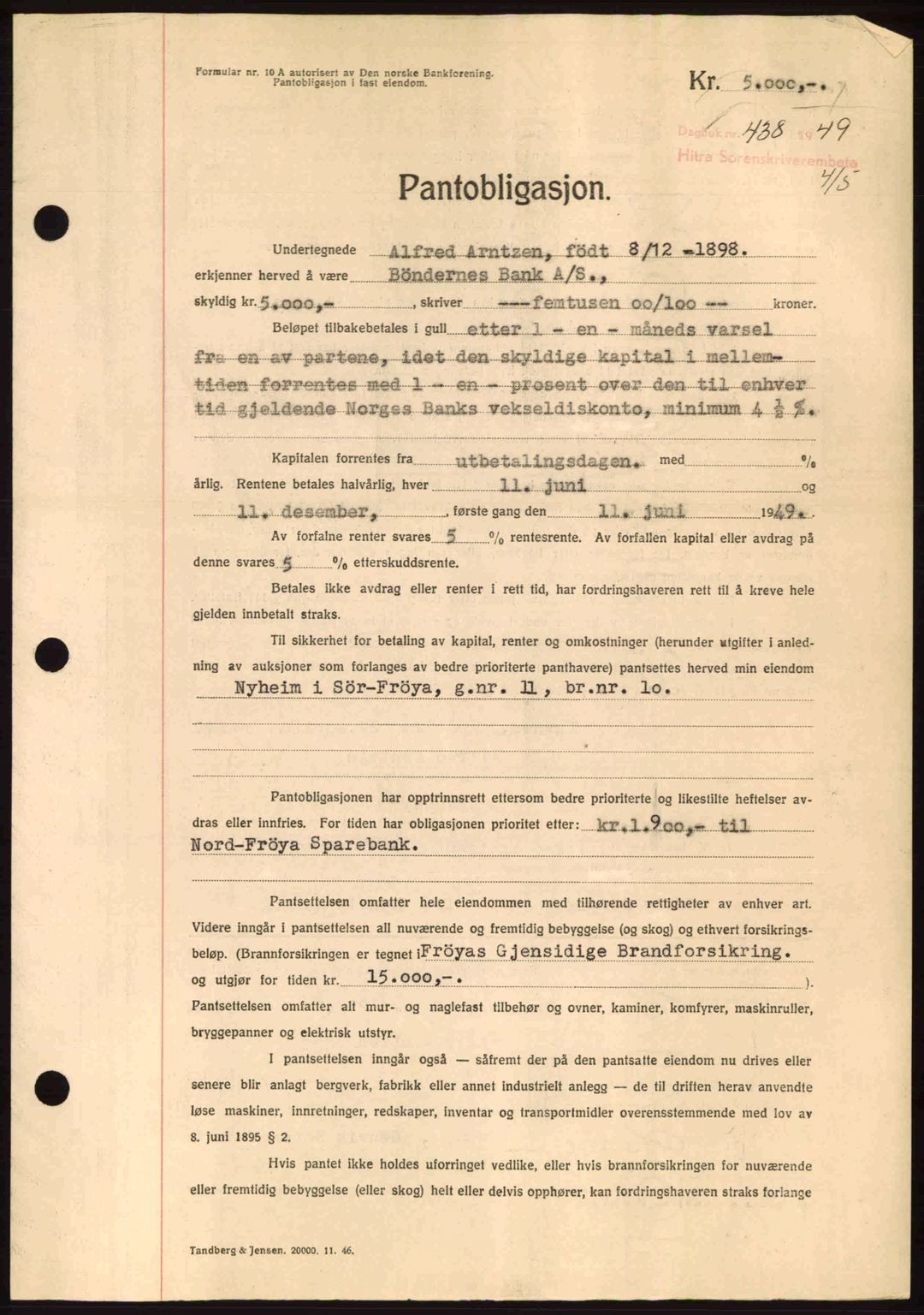 Hitra sorenskriveri, AV/SAT-A-0018/2/2C/2Ca: Pantebok nr. B1, 1939-1949, Dagboknr: 438/1949