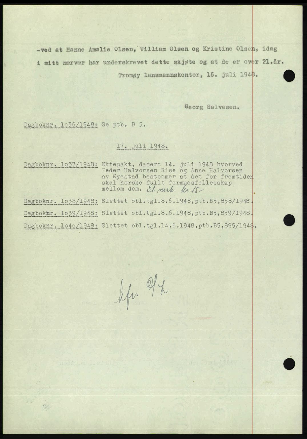 Nedenes sorenskriveri, SAK/1221-0006/G/Gb/Gba/L0059: Pantebok nr. A11, 1948-1948, Dagboknr: 1035/1948