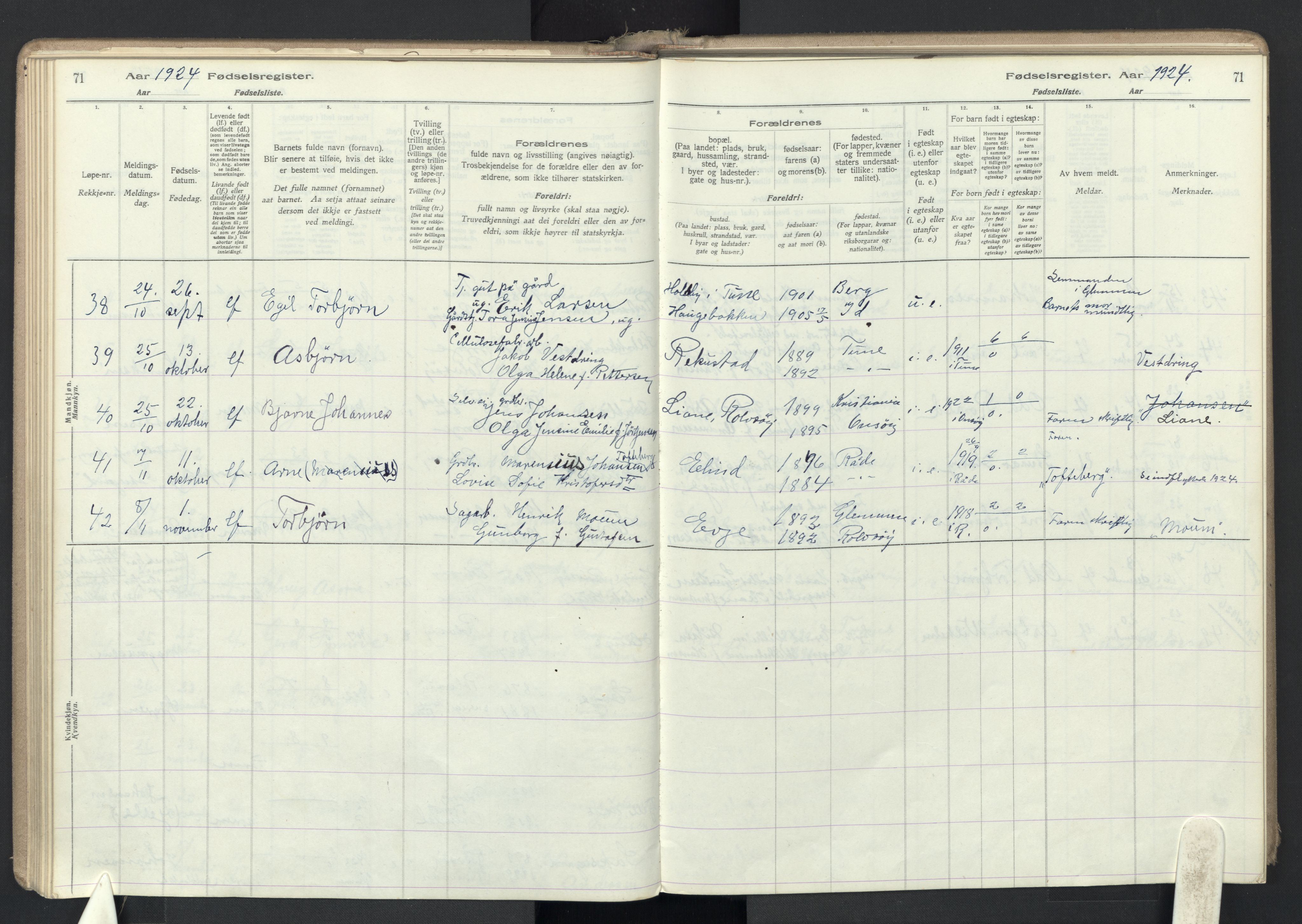 Rolvsøy prestekontor Kirkebøker, AV/SAO-A-2004/J/Ja/L0001: Fødselsregister nr. 1, 1916-1946, s. 71