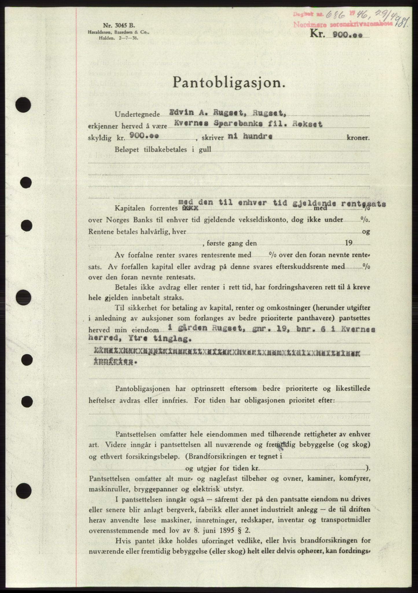 Nordmøre sorenskriveri, AV/SAT-A-4132/1/2/2Ca: Pantebok nr. B93b, 1946-1946, Dagboknr: 686/1946