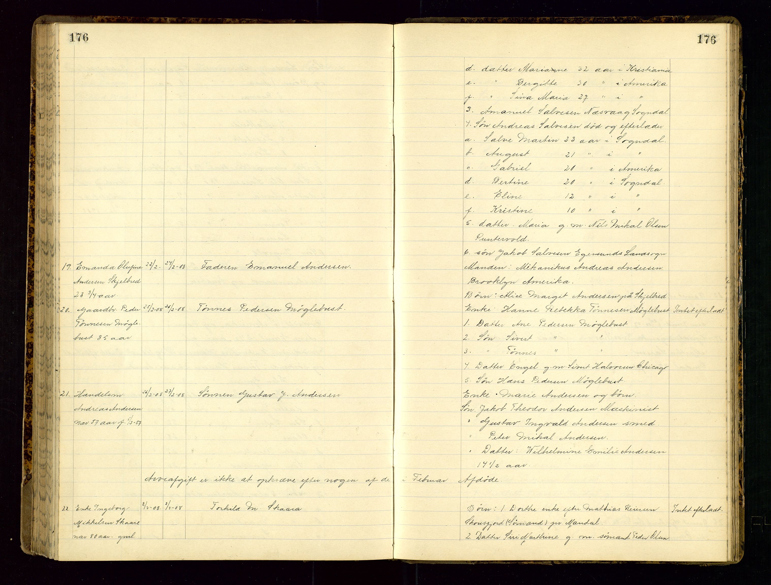 Dalane sorenskriveri, AV/SAST-A-100309/001/5/52/L0001: DØDSFALLPROTOKOLL, 1904-1911, s. 176