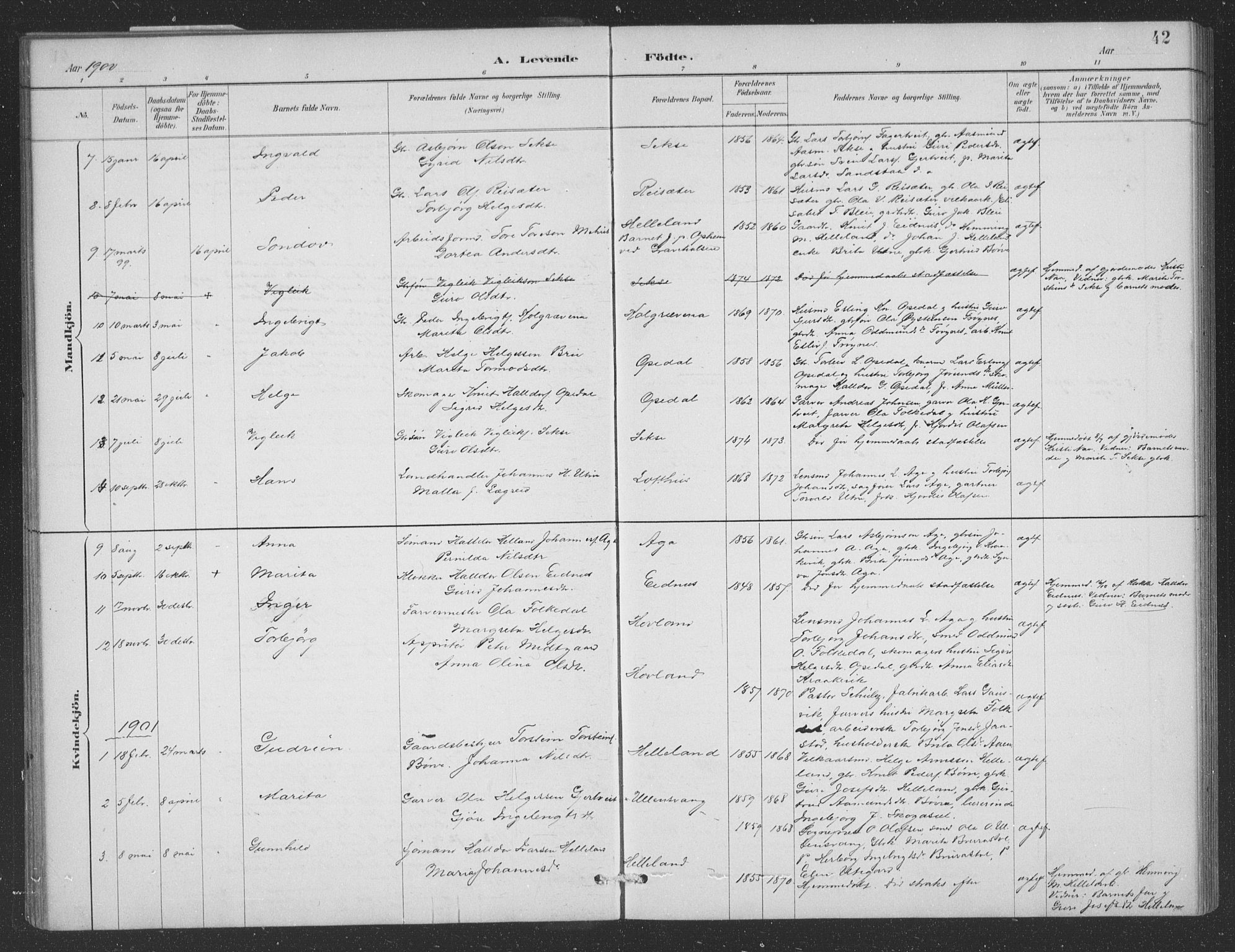 Ullensvang sokneprestembete, AV/SAB-A-78701/H/Hab: Klokkerbok nr. B 11, 1887-1939, s. 42
