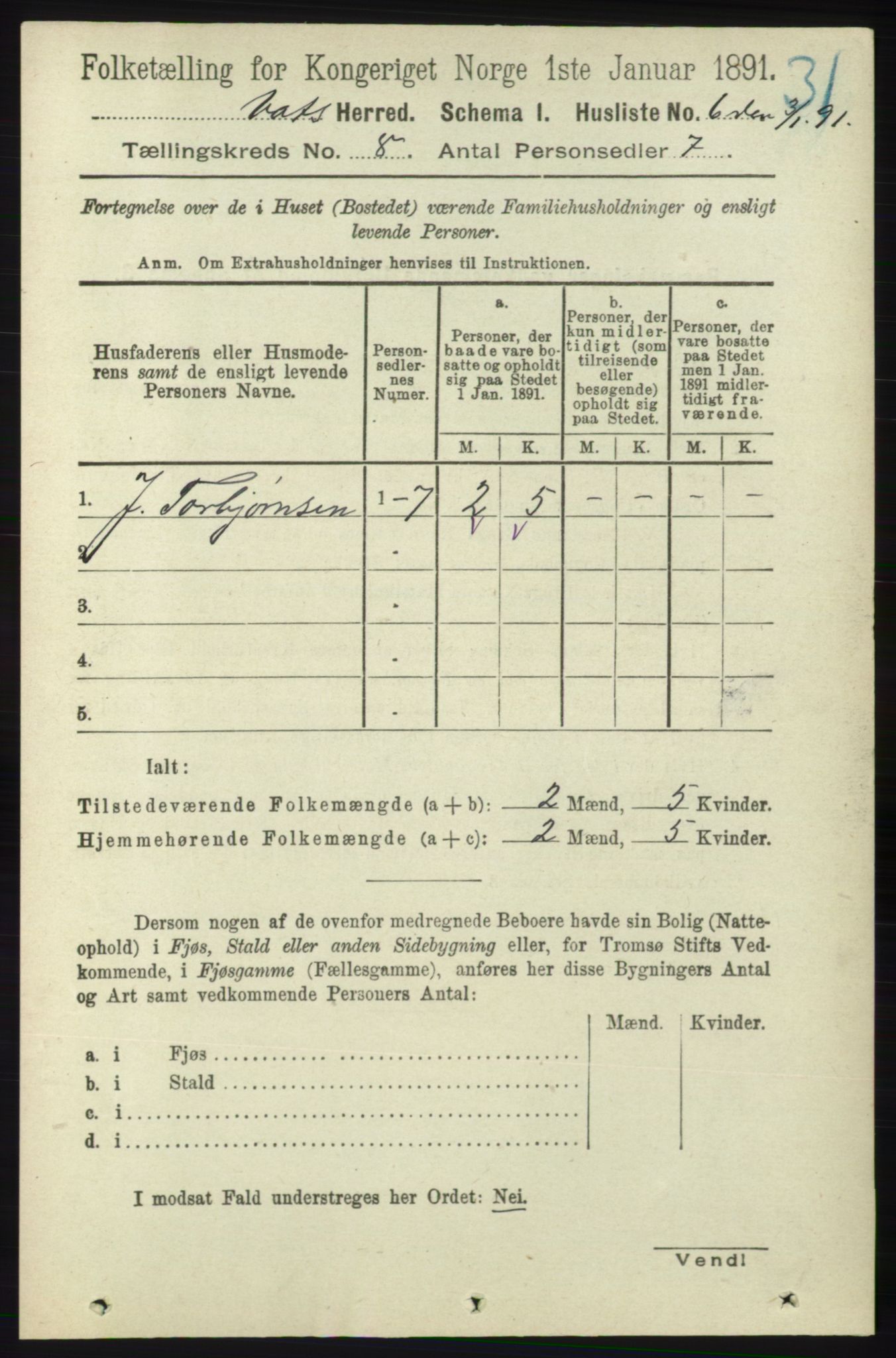 RA, Folketelling 1891 for 1155 Vats herred, 1891, s. 1307