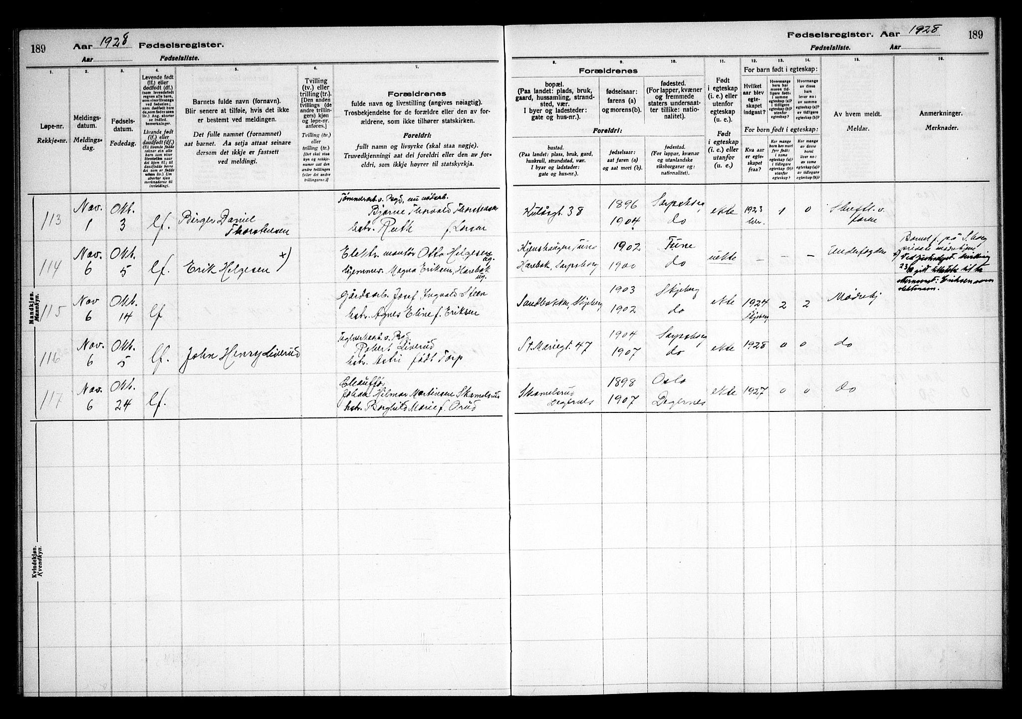 Sarpsborg prestekontor Kirkebøker, SAO/A-2006/J/Ja/L0002: Fødselsregister nr. 2, 1922-1928, s. 189