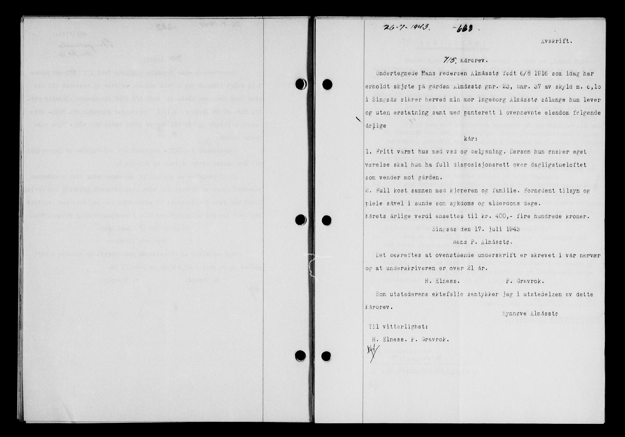 Gauldal sorenskriveri, SAT/A-0014/1/2/2C/L0056: Pantebok nr. 61, 1942-1943, Dagboknr: 715/1943