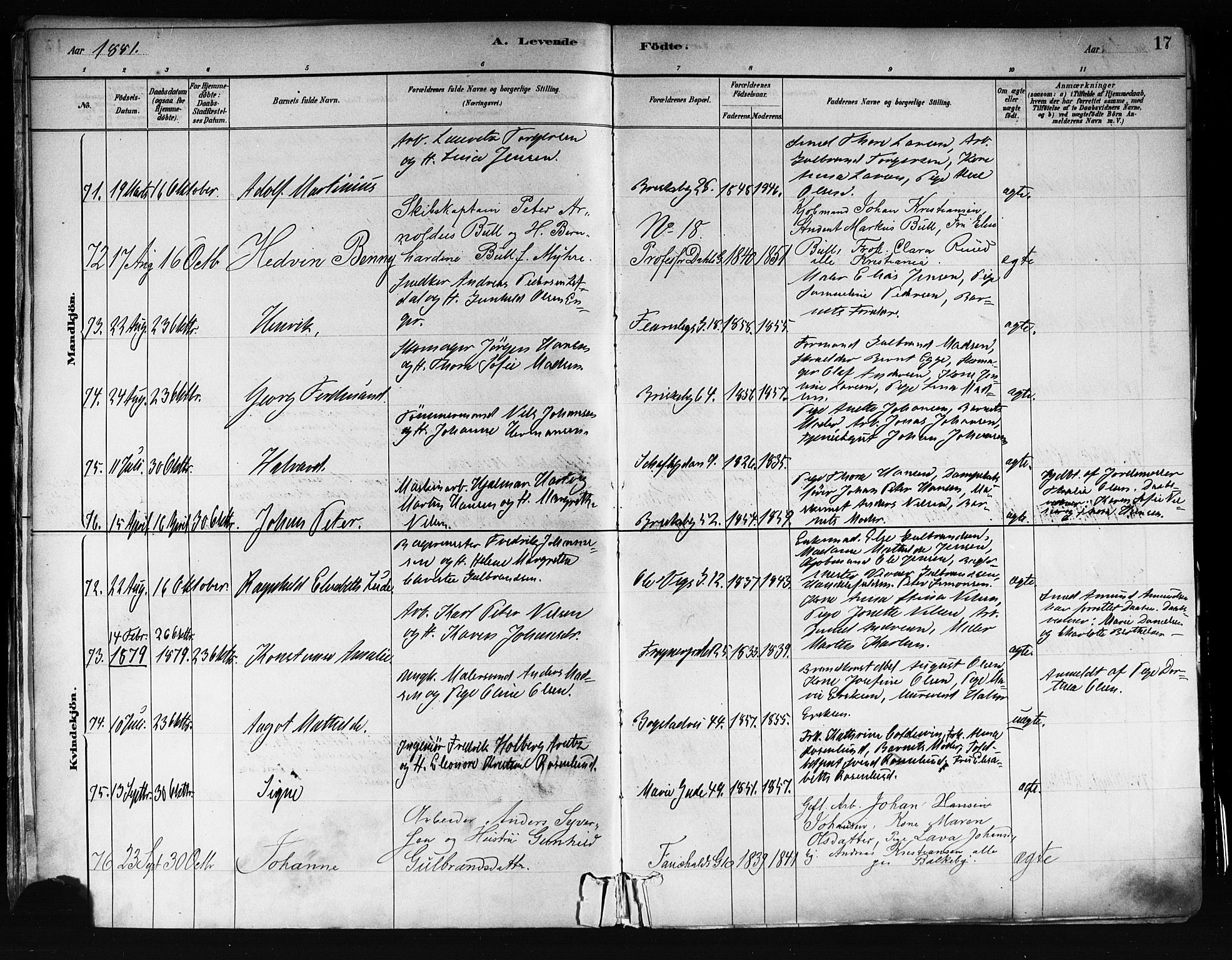 Uranienborg prestekontor Kirkebøker, AV/SAO-A-10877/F/Fa/L0001: Ministerialbok nr. 1, 1880-1895, s. 17