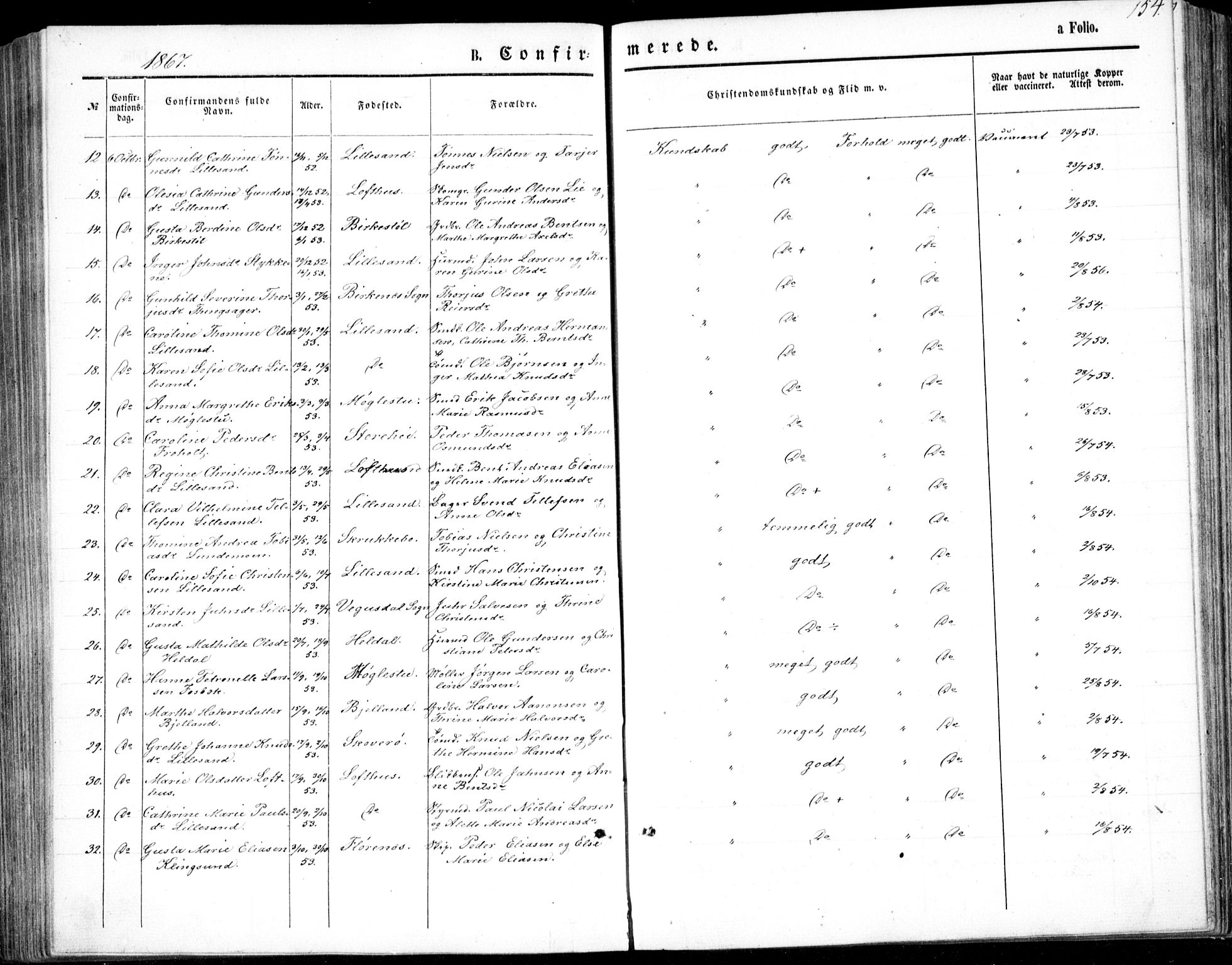 Vestre Moland sokneprestkontor, AV/SAK-1111-0046/F/Fb/Fbb/L0004: Klokkerbok nr. B 4, 1861-1872, s. 154