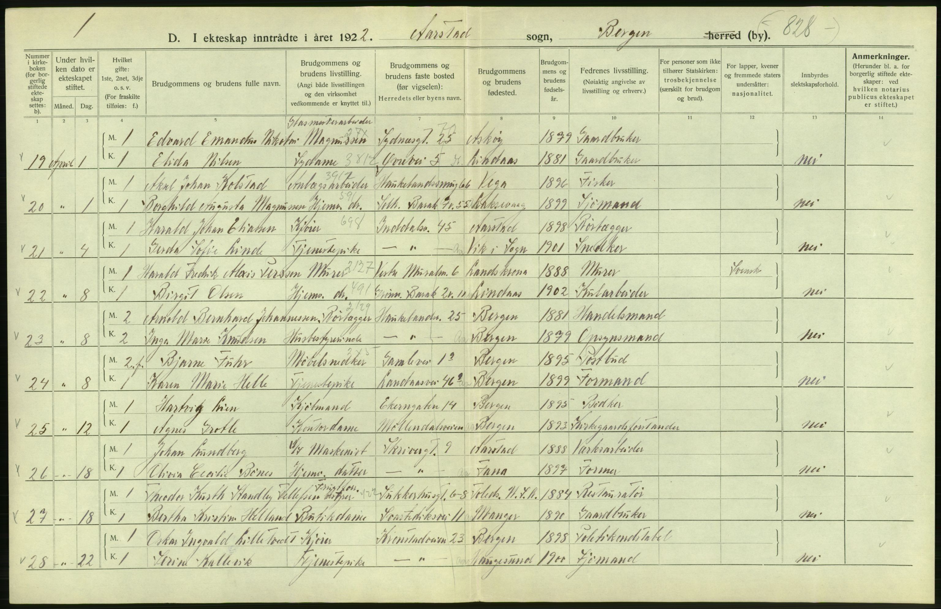 Statistisk sentralbyrå, Sosiodemografiske emner, Befolkning, AV/RA-S-2228/D/Df/Dfc/Dfcb/L0030: Bergen: Gifte, døde, dødfødte., 1922, s. 40