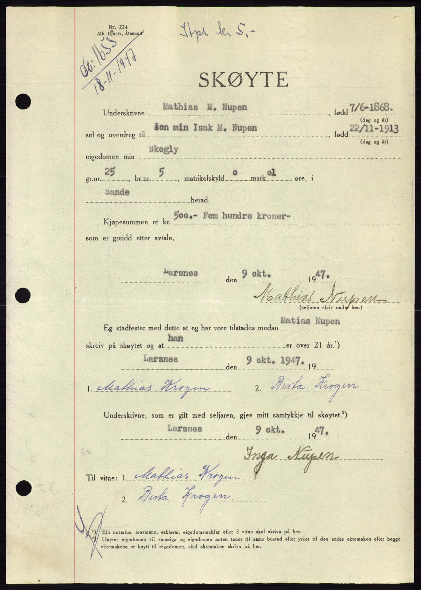 Søre Sunnmøre sorenskriveri, AV/SAT-A-4122/1/2/2C/L0081: Pantebok nr. 7A, 1947-1948, Dagboknr: 1655/1947