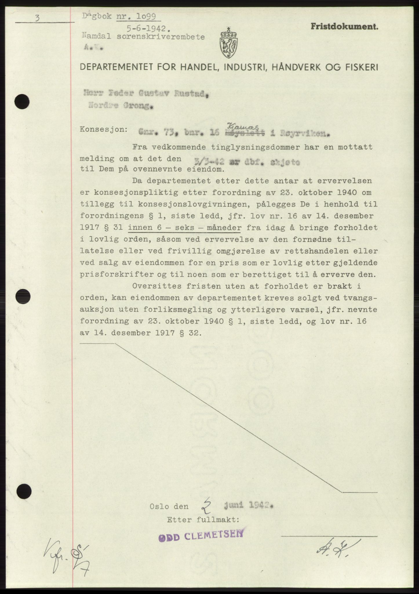 Namdal sorenskriveri, SAT/A-4133/1/2/2C: Pantebok nr. -, 1941-1942, Dagboknr: 1099/1942