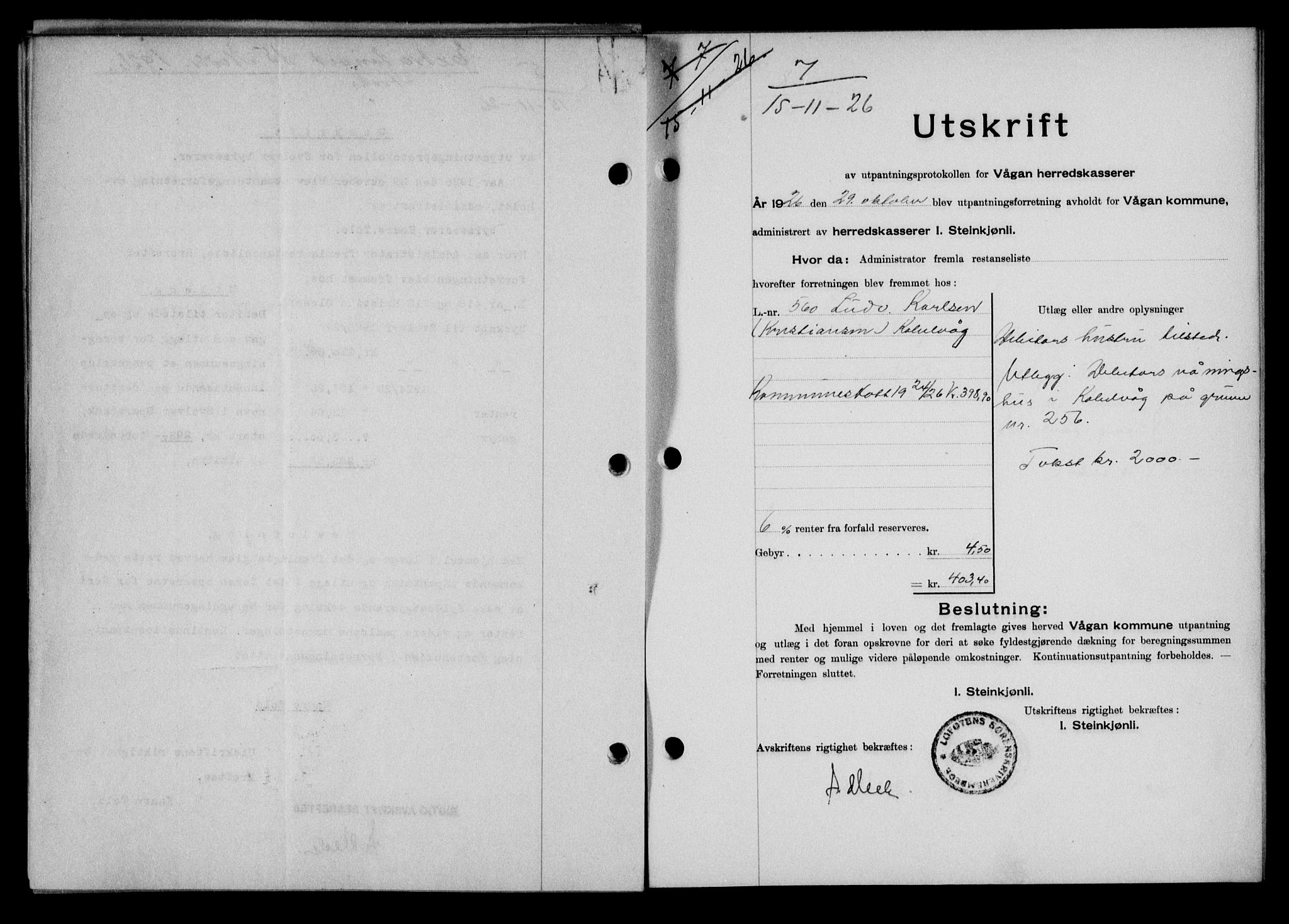 Lofoten sorenskriveri, SAT/A-0017/1/2/2C/L0014b: Pantebok nr. 14b, 1926-1926, Tingl.dato: 15.11.1926