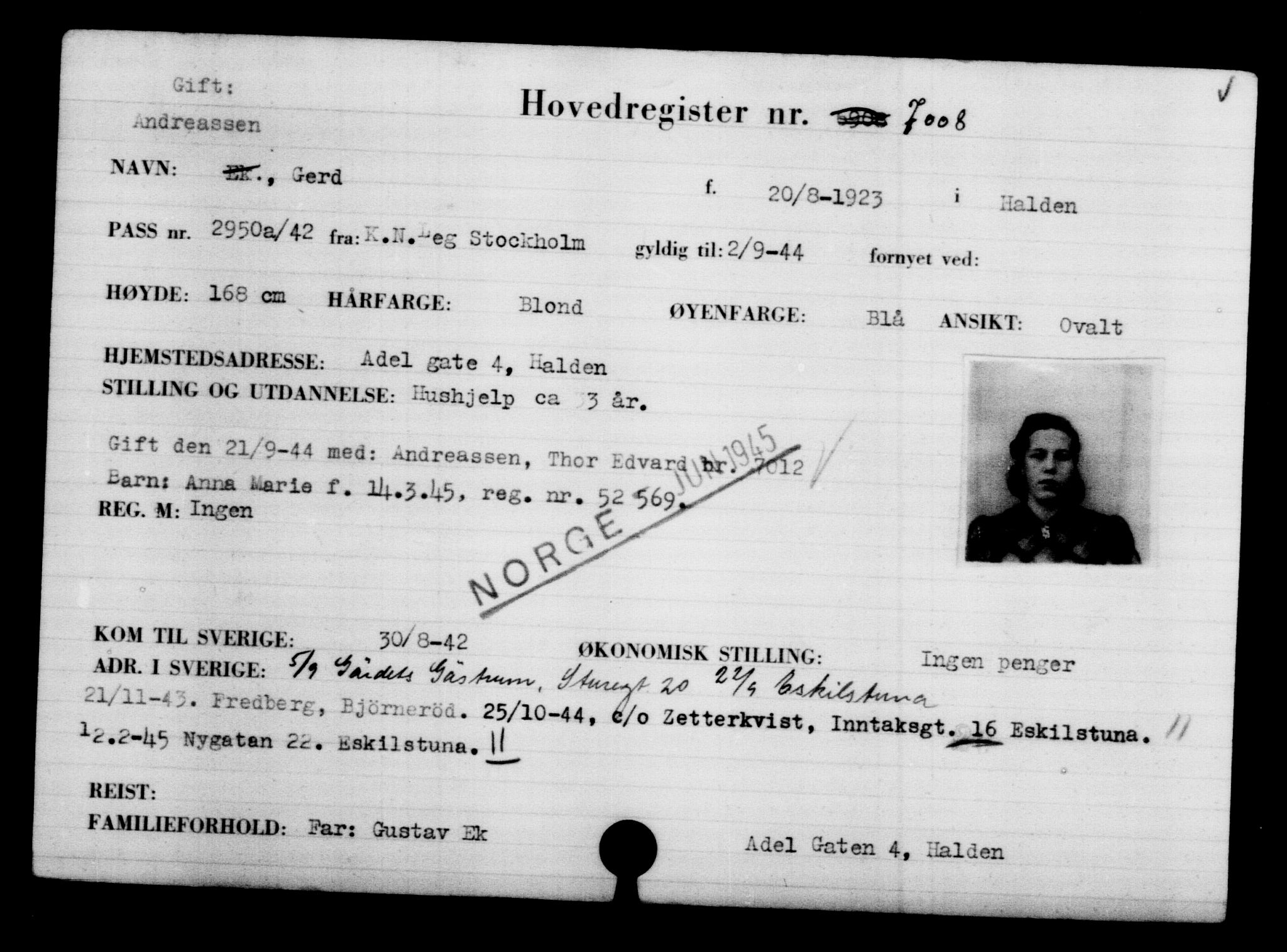 Utenriksstasjonene, Legasjonen i Stockholm, Flyktningkontoret, AV/RA-S-6753/V/Va/L0005: Kjesäterkartoteket, flyktning nr. 6600-9417, 1940-1945, s. 490