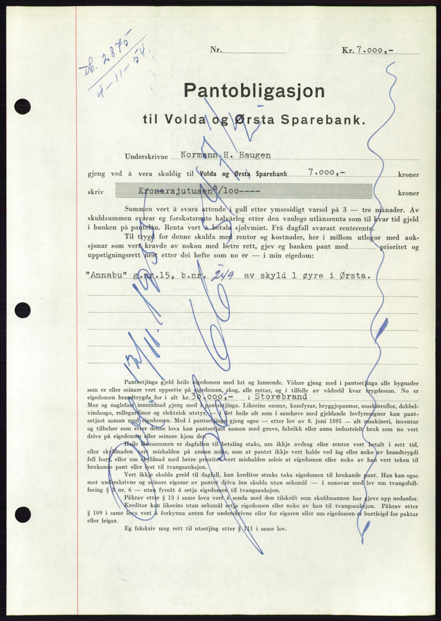 Søre Sunnmøre sorenskriveri, AV/SAT-A-4122/1/2/2C/L0126: Pantebok nr. 14B, 1954-1955, Dagboknr: 2875/1954