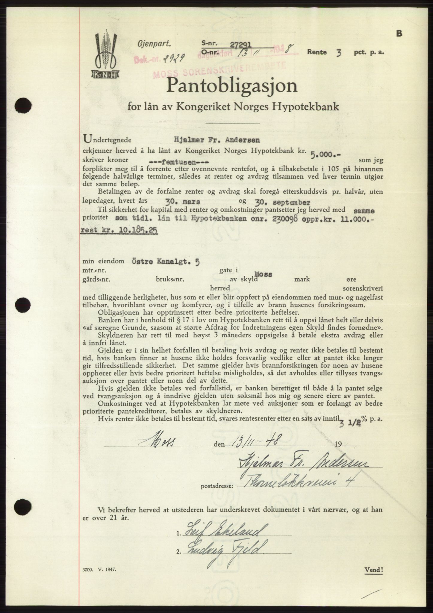 Moss sorenskriveri, AV/SAO-A-10168: Pantebok nr. B20, 1948-1948, Dagboknr: 2929/1948