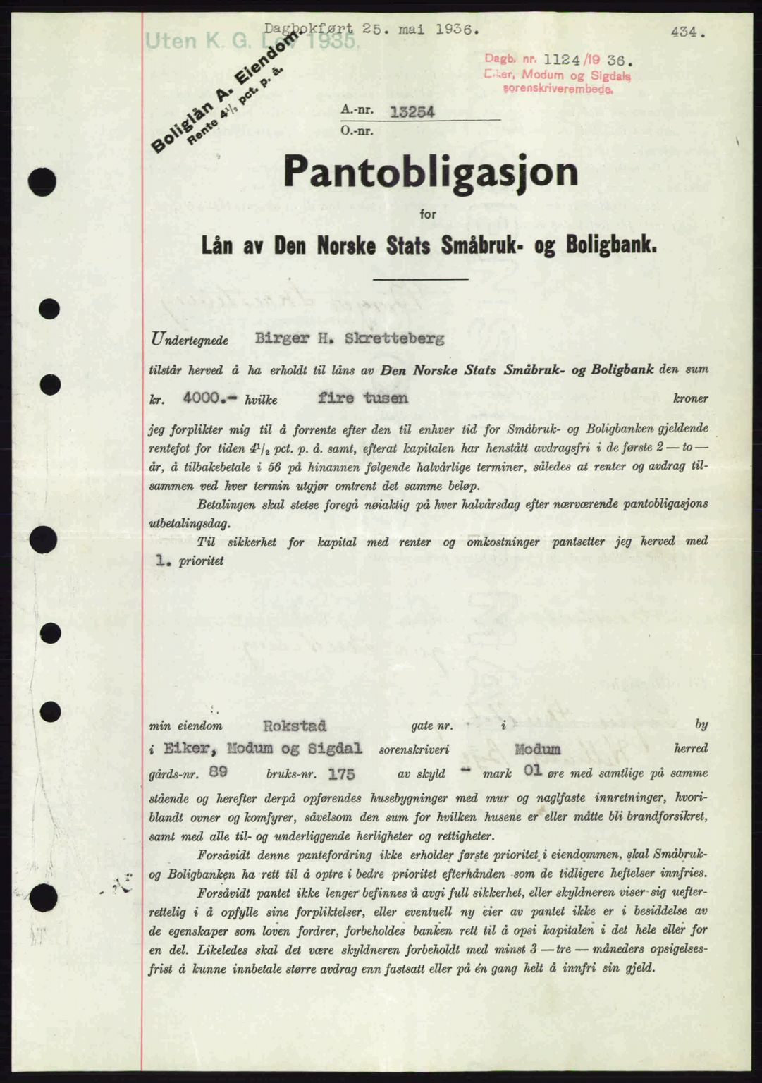 Eiker, Modum og Sigdal sorenskriveri, SAKO/A-123/G/Ga/Gab/L0032: Pantebok nr. A2, 1936-1936, Dagboknr: 1124/1936