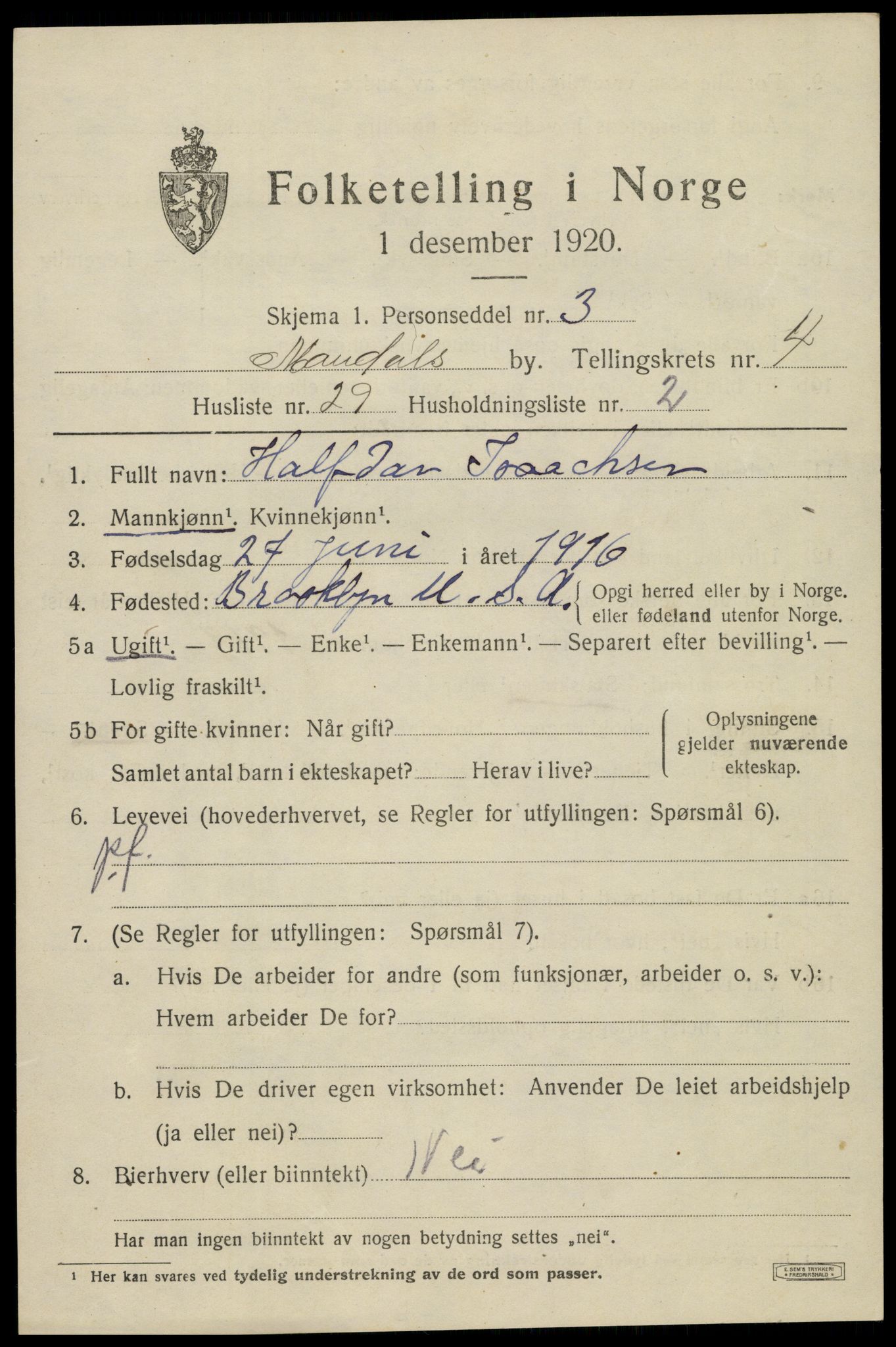 SAK, Folketelling 1920 for 1002 Mandal ladested, 1920, s. 7299