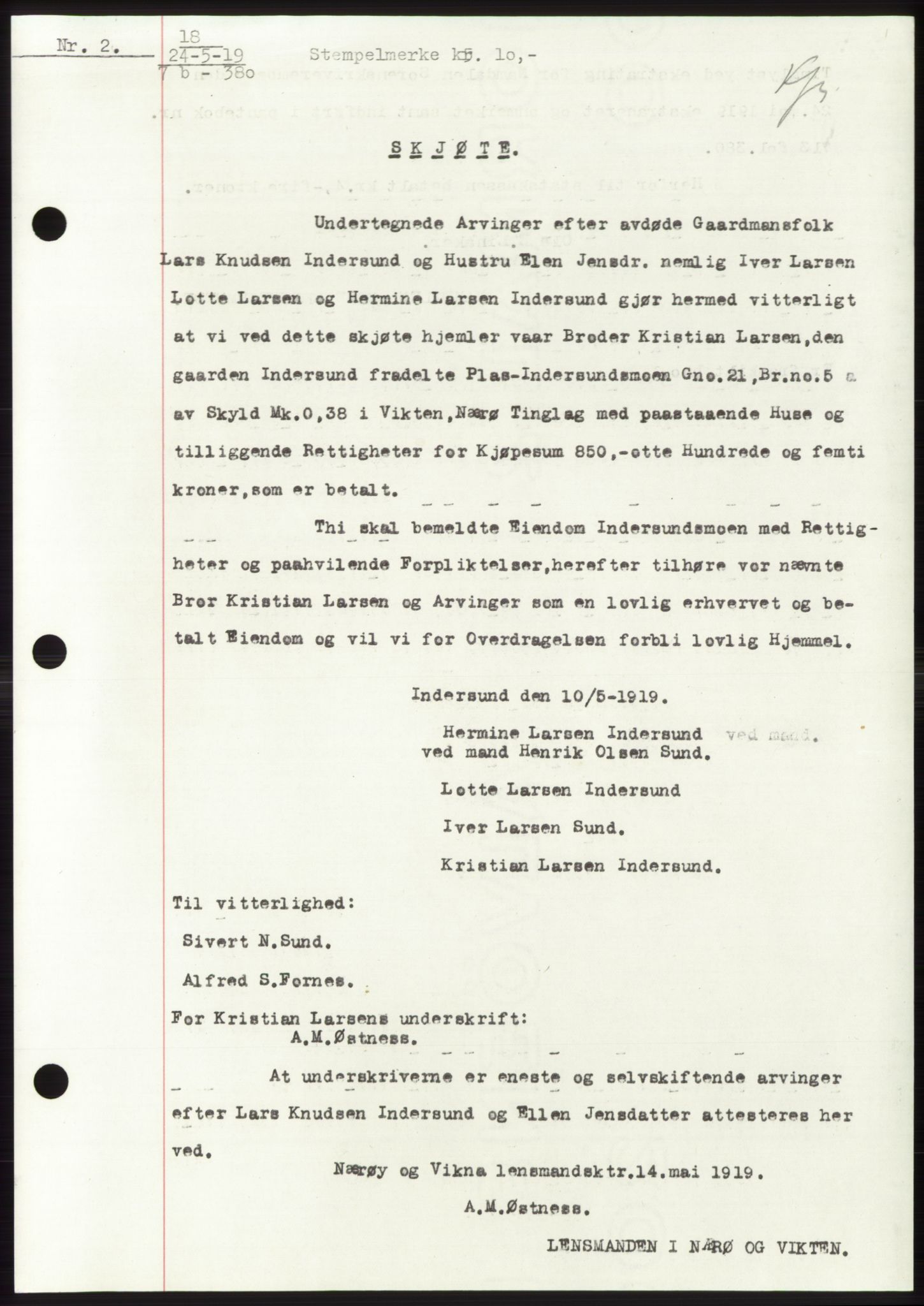 Namdal sorenskriveri, SAT/A-4133/1/2/2C: Pantebok nr. -, 1916-1921, Tingl.dato: 24.05.1919