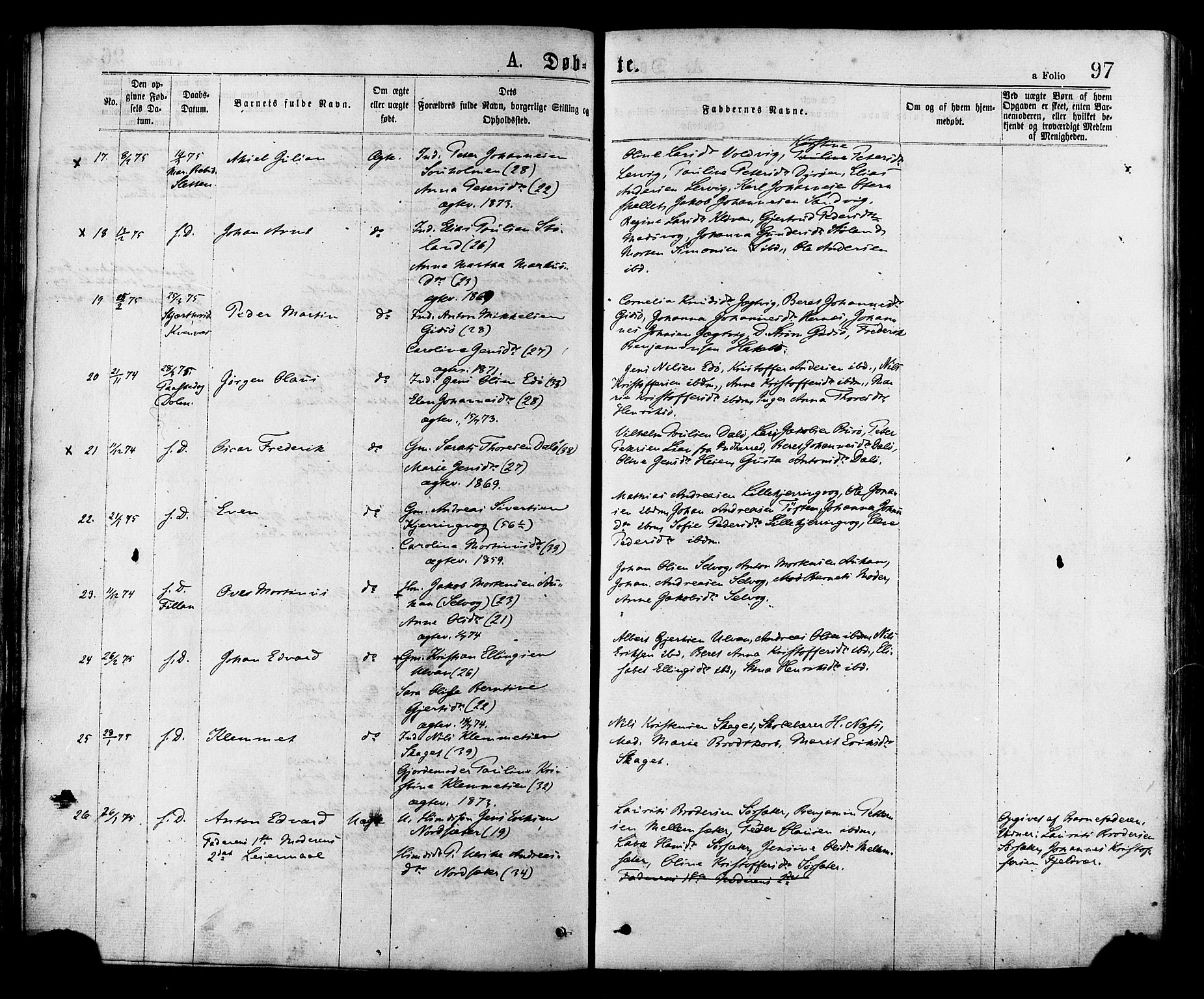 Ministerialprotokoller, klokkerbøker og fødselsregistre - Sør-Trøndelag, SAT/A-1456/634/L0532: Ministerialbok nr. 634A08, 1871-1881, s. 97