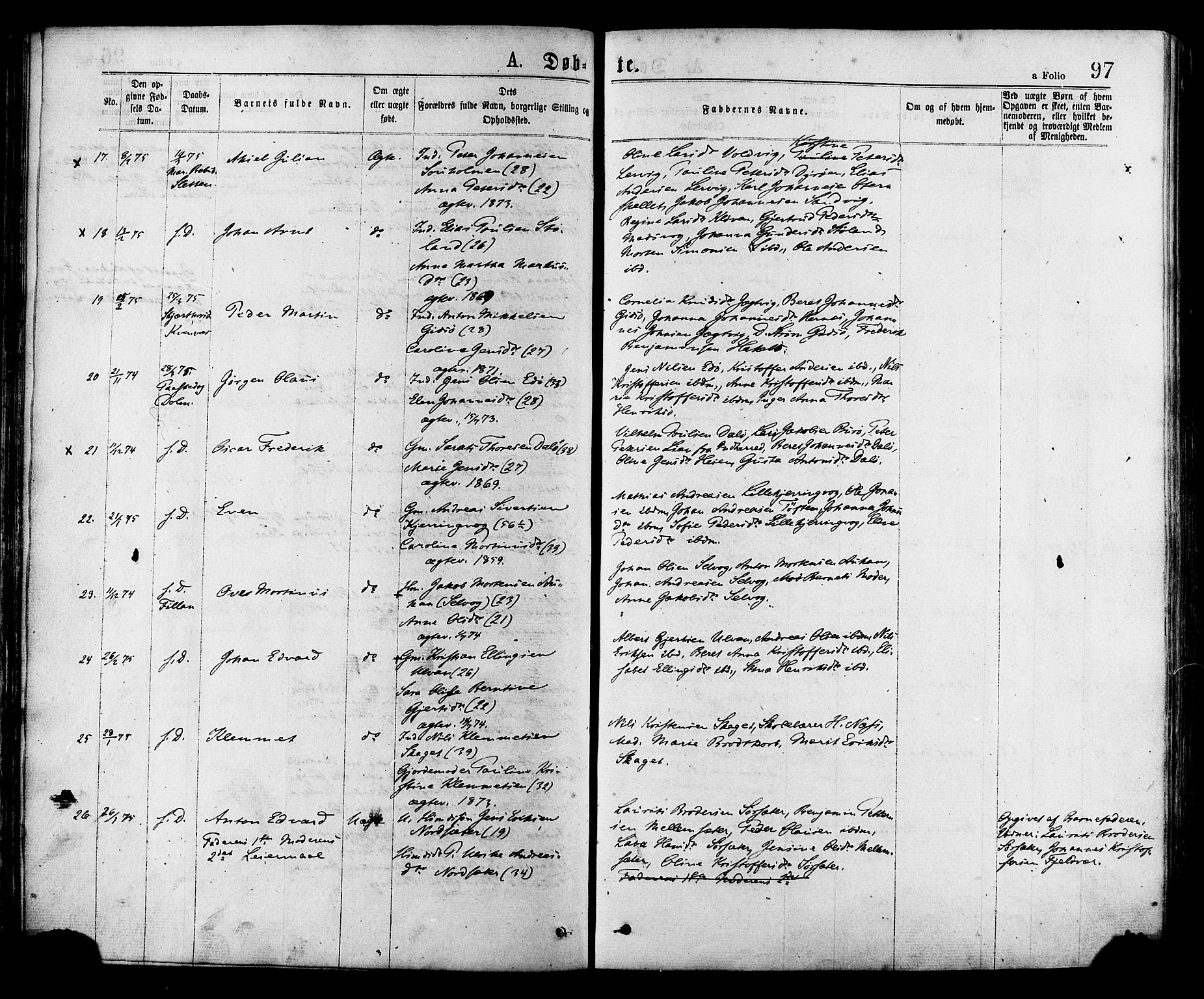 Ministerialprotokoller, klokkerbøker og fødselsregistre - Sør-Trøndelag, AV/SAT-A-1456/634/L0532: Ministerialbok nr. 634A08, 1871-1881, s. 97