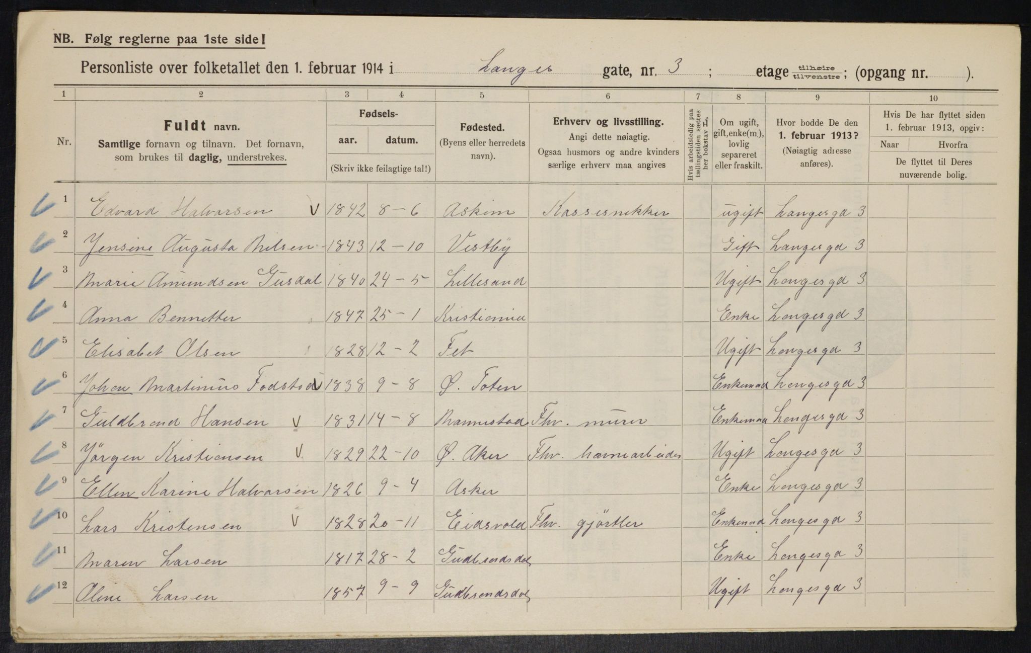 OBA, Kommunal folketelling 1.2.1914 for Kristiania, 1914, s. 56250