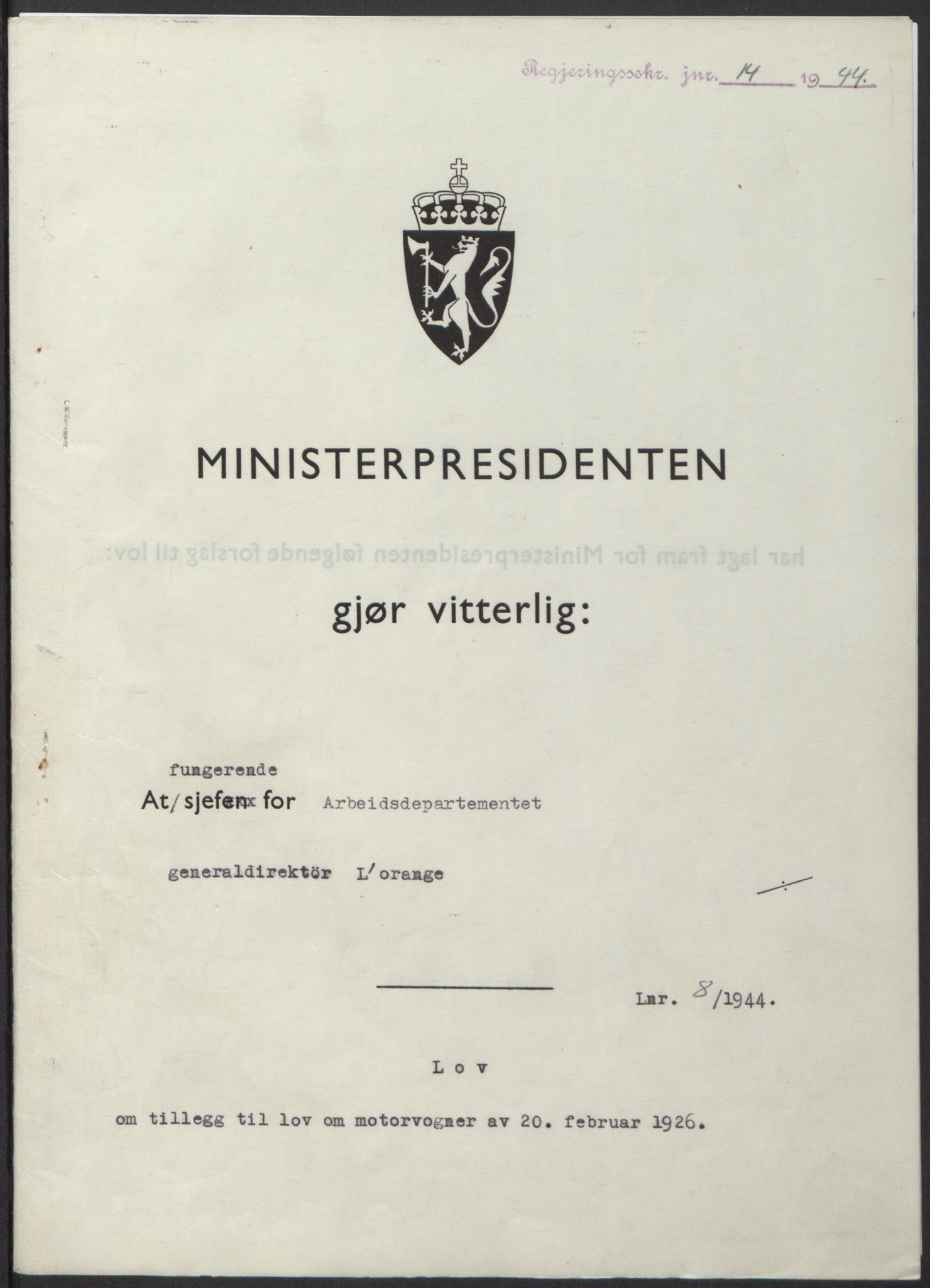 NS-administrasjonen 1940-1945 (Statsrådsekretariatet, de kommisariske statsråder mm), RA/S-4279/D/Db/L0100: Lover, 1944, s. 34