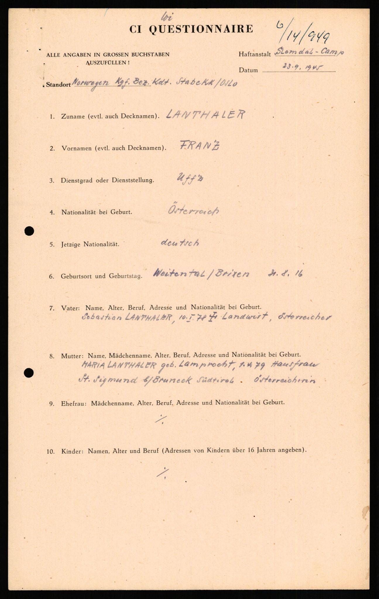 Forsvaret, Forsvarets overkommando II, AV/RA-RAFA-3915/D/Db/L0019: CI Questionaires. Tyske okkupasjonsstyrker i Norge. Tyskere., 1945-1946, s. 423