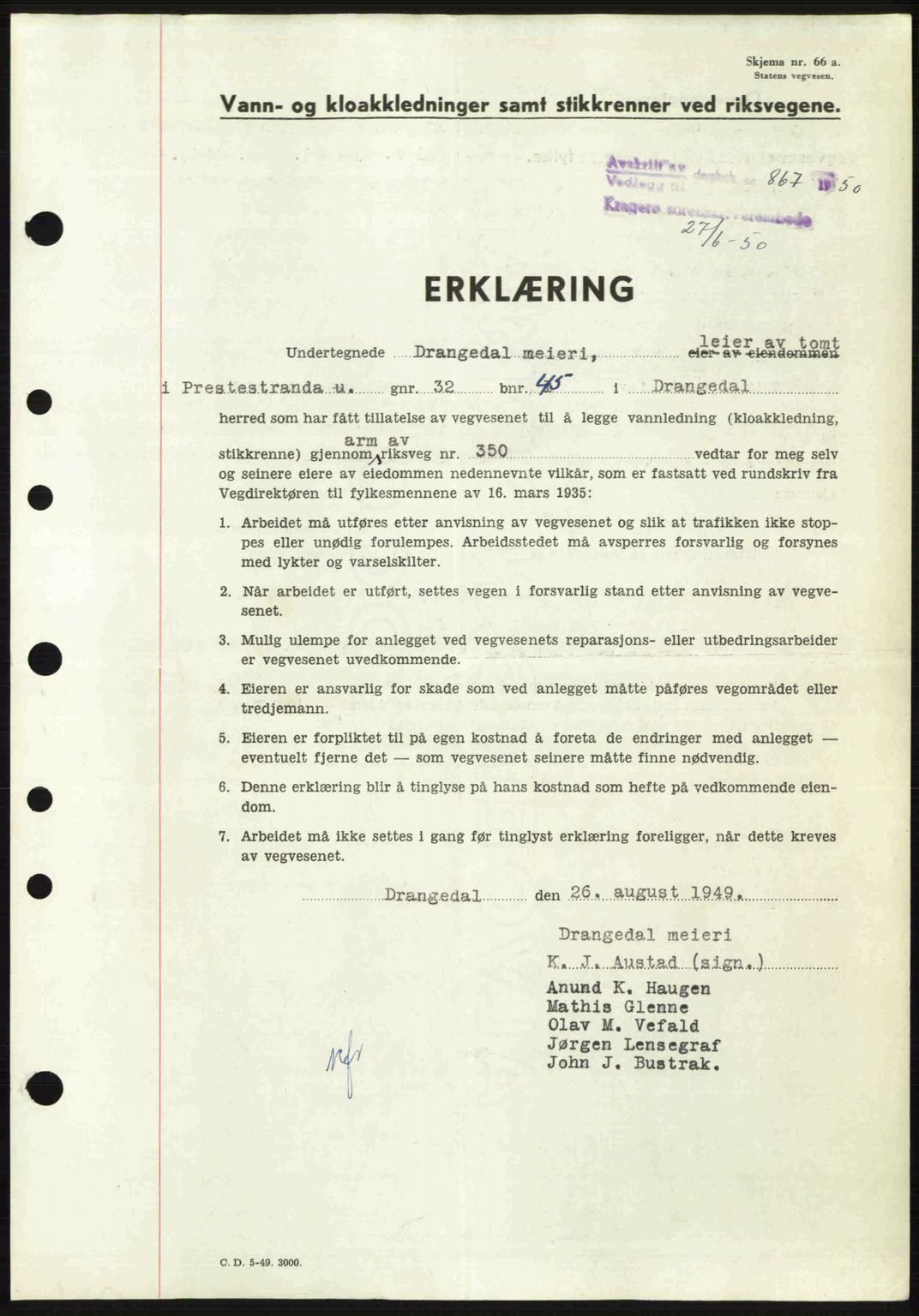 Kragerø sorenskriveri, SAKO/A-65/G/Ga/Gac/L0003: Pantebok nr. A-3, 1949-1950, Dagboknr: 867/1950