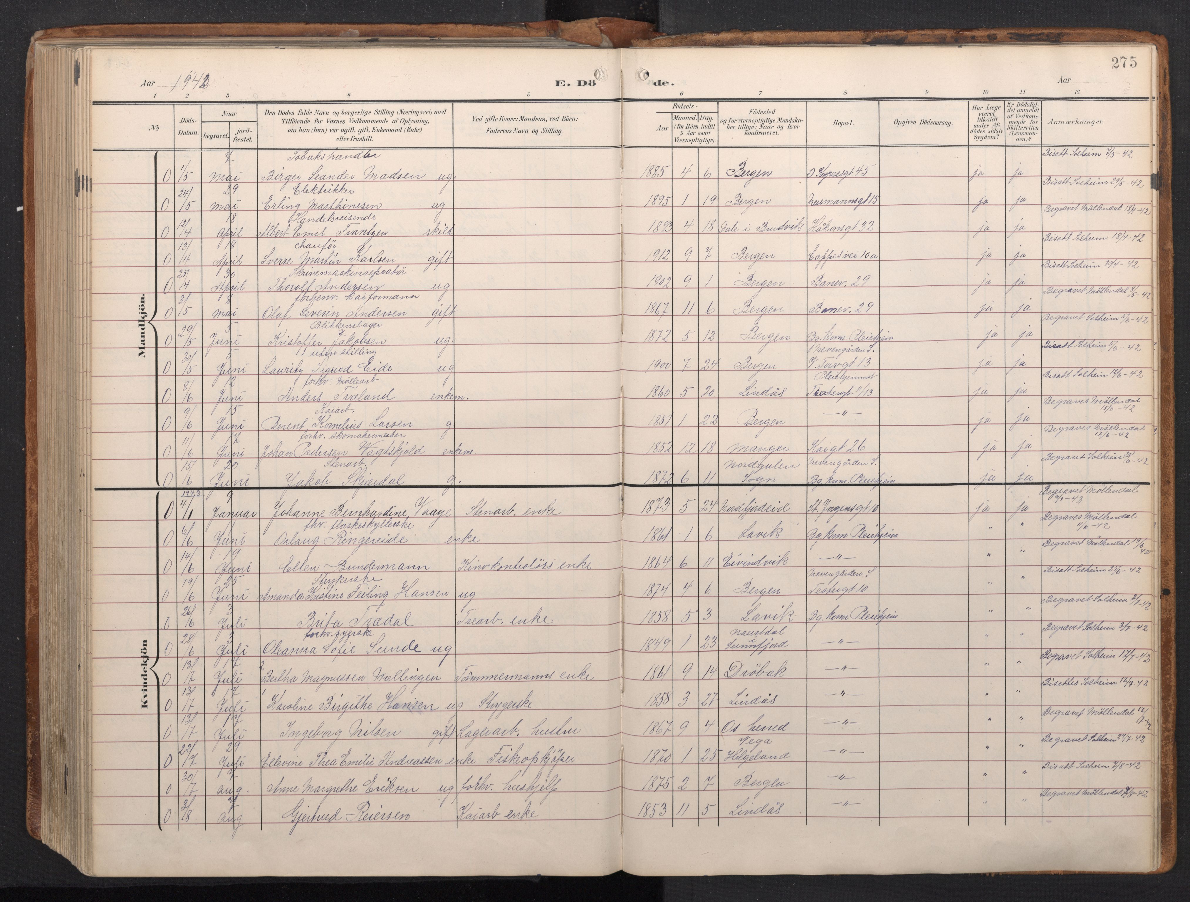 Domkirken sokneprestembete, AV/SAB-A-74801/H/Haa/L0044: Ministerialbok nr. E 6, 1904-1946, s. 274b-275a