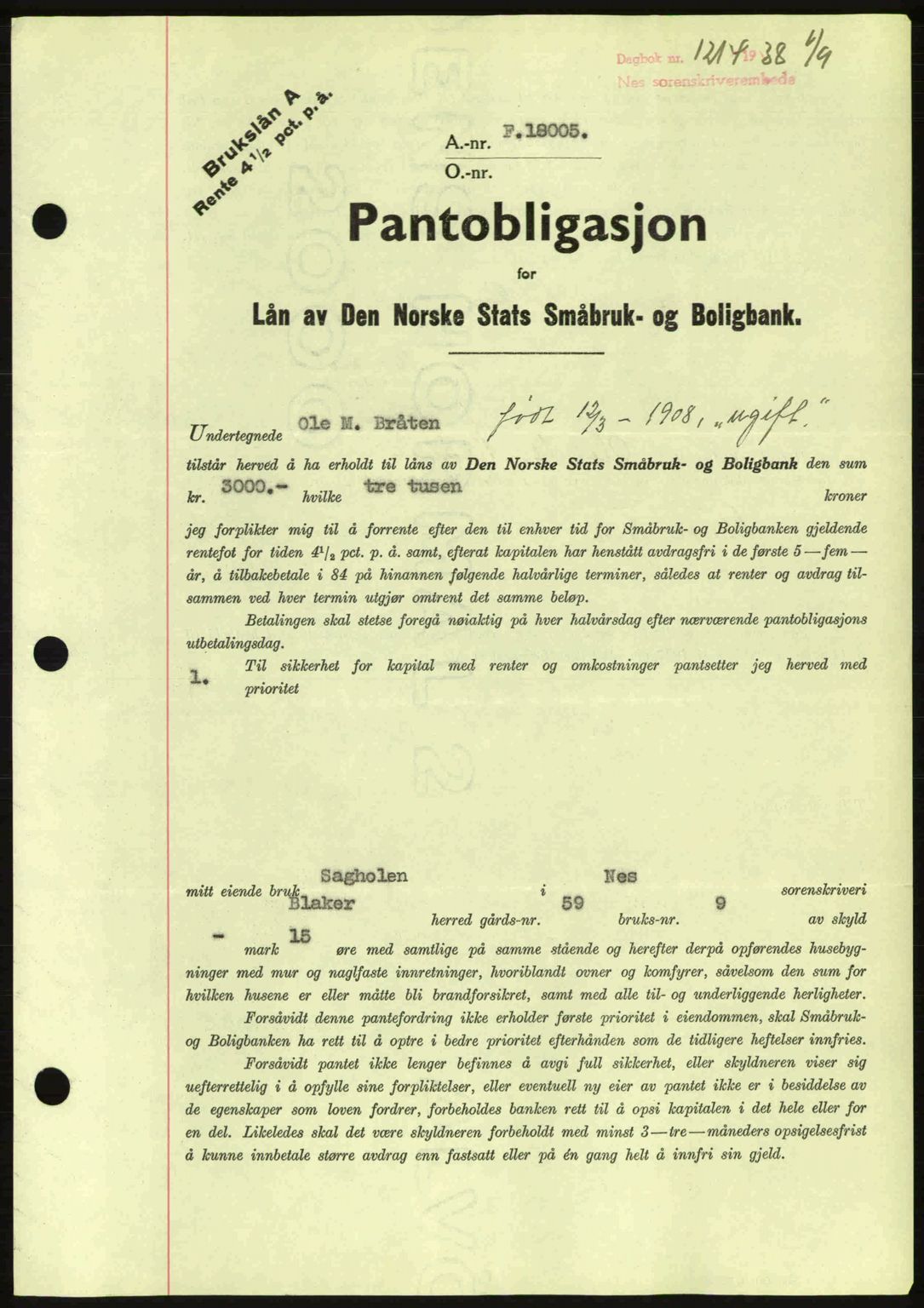 Nes tingrett, SAO/A-10548/G/Gb/Gbb/L0006: Pantebok nr. 50, 1938-1938, Dagboknr: 1214/1938