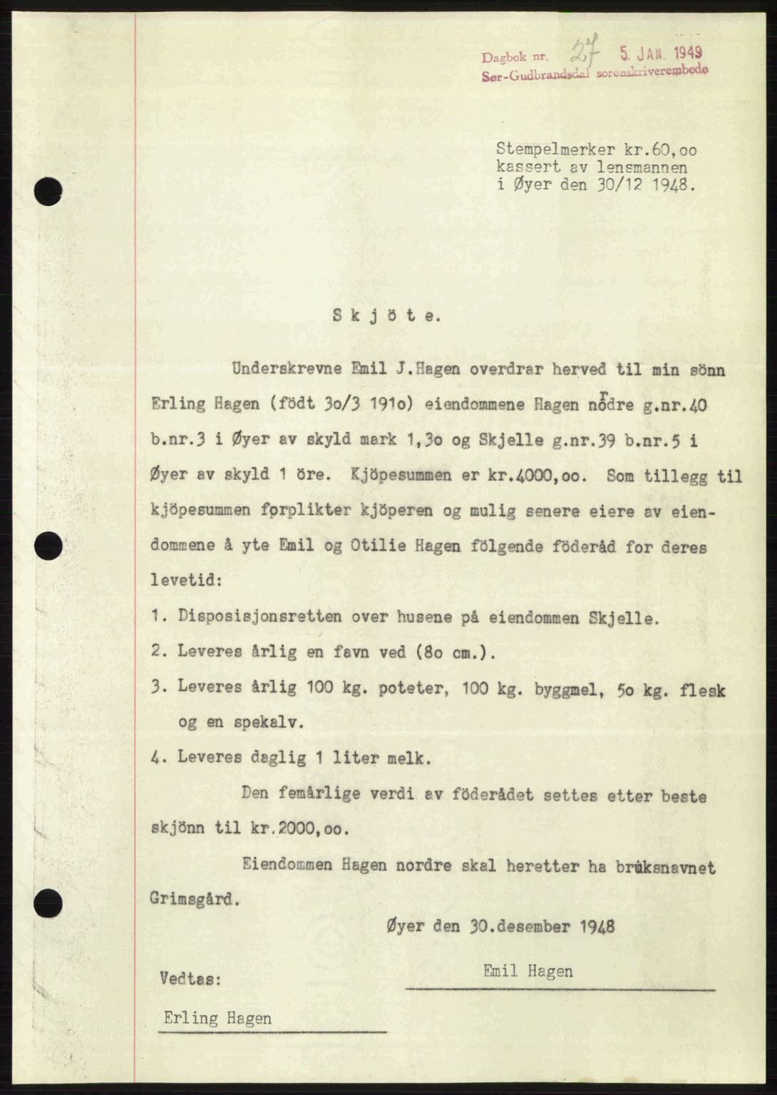 Sør-Gudbrandsdal tingrett, SAH/TING-004/H/Hb/Hbd/L0024: Pantebok nr. A24, 1948-1949, Dagboknr: 27/1949