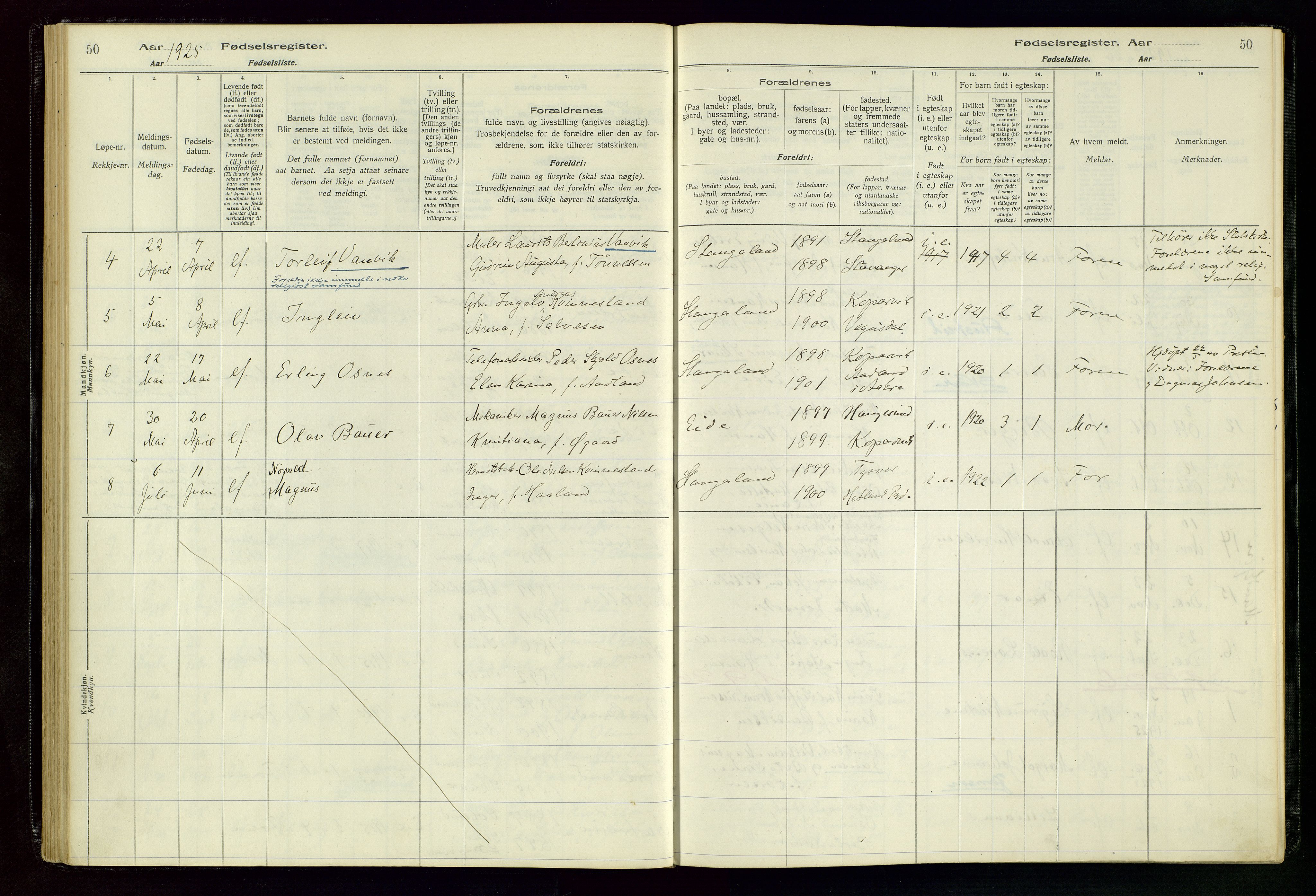 Kopervik sokneprestkontor, AV/SAST-A-101850/I/Id/L0004: Fødselsregister nr. 4, 1916-1958, s. 50