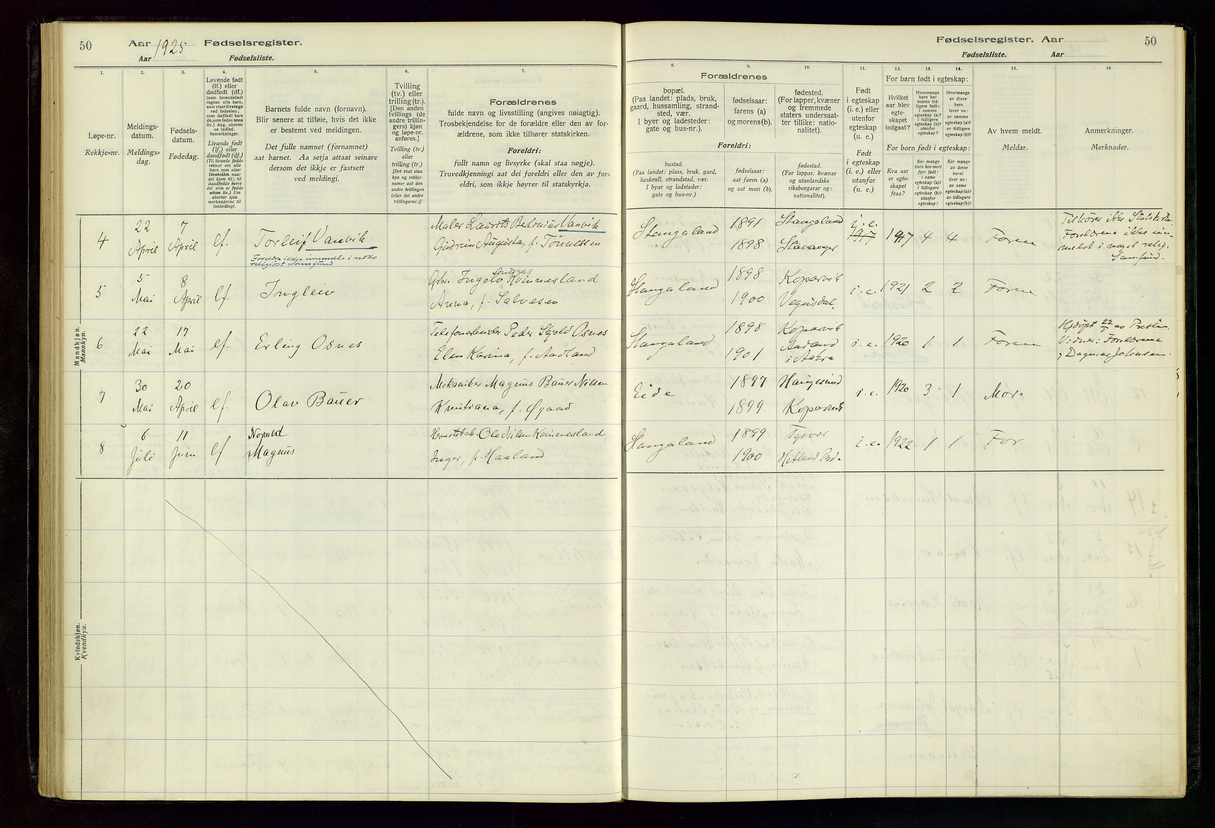 Kopervik sokneprestkontor, SAST/A-101850/I/Id/L0004: Fødselsregister nr. 4, 1916-1958, s. 50