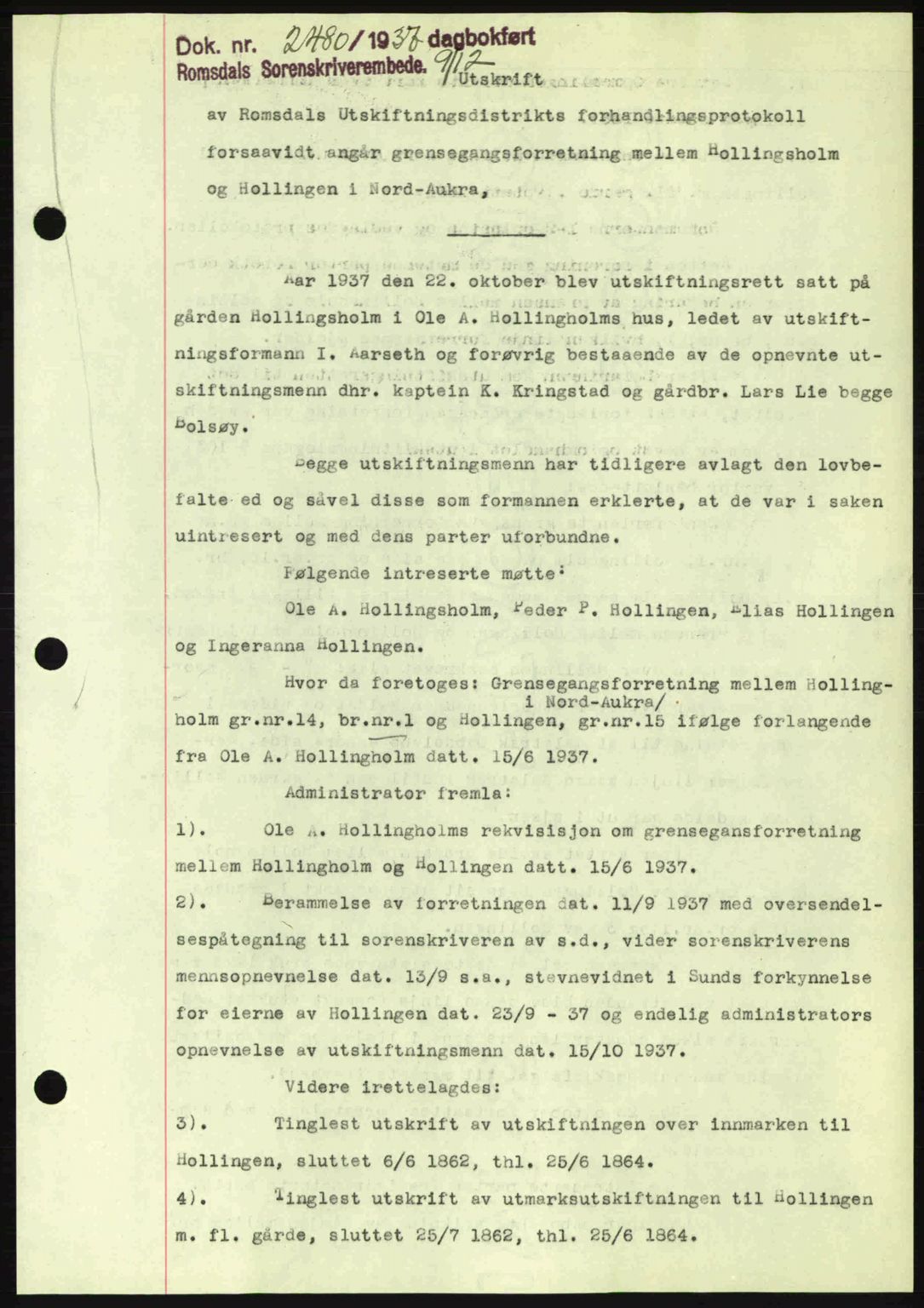 Romsdal sorenskriveri, SAT/A-4149/1/2/2C: Pantebok nr. A4, 1937-1938, Dagboknr: 2480/1937