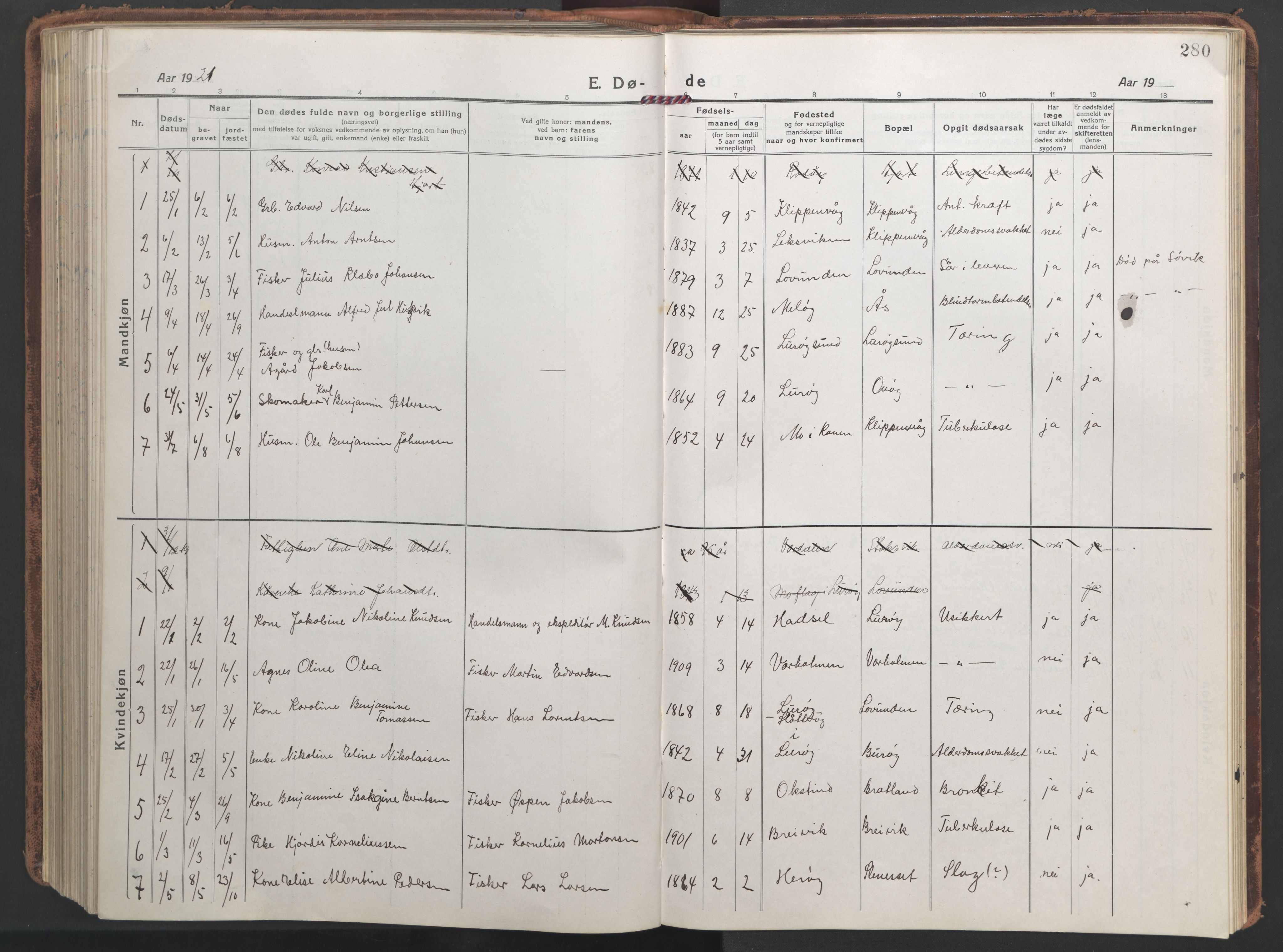 Ministerialprotokoller, klokkerbøker og fødselsregistre - Nordland, SAT/A-1459/839/L0574: Klokkerbok nr. 839C04, 1918-1950, s. 280