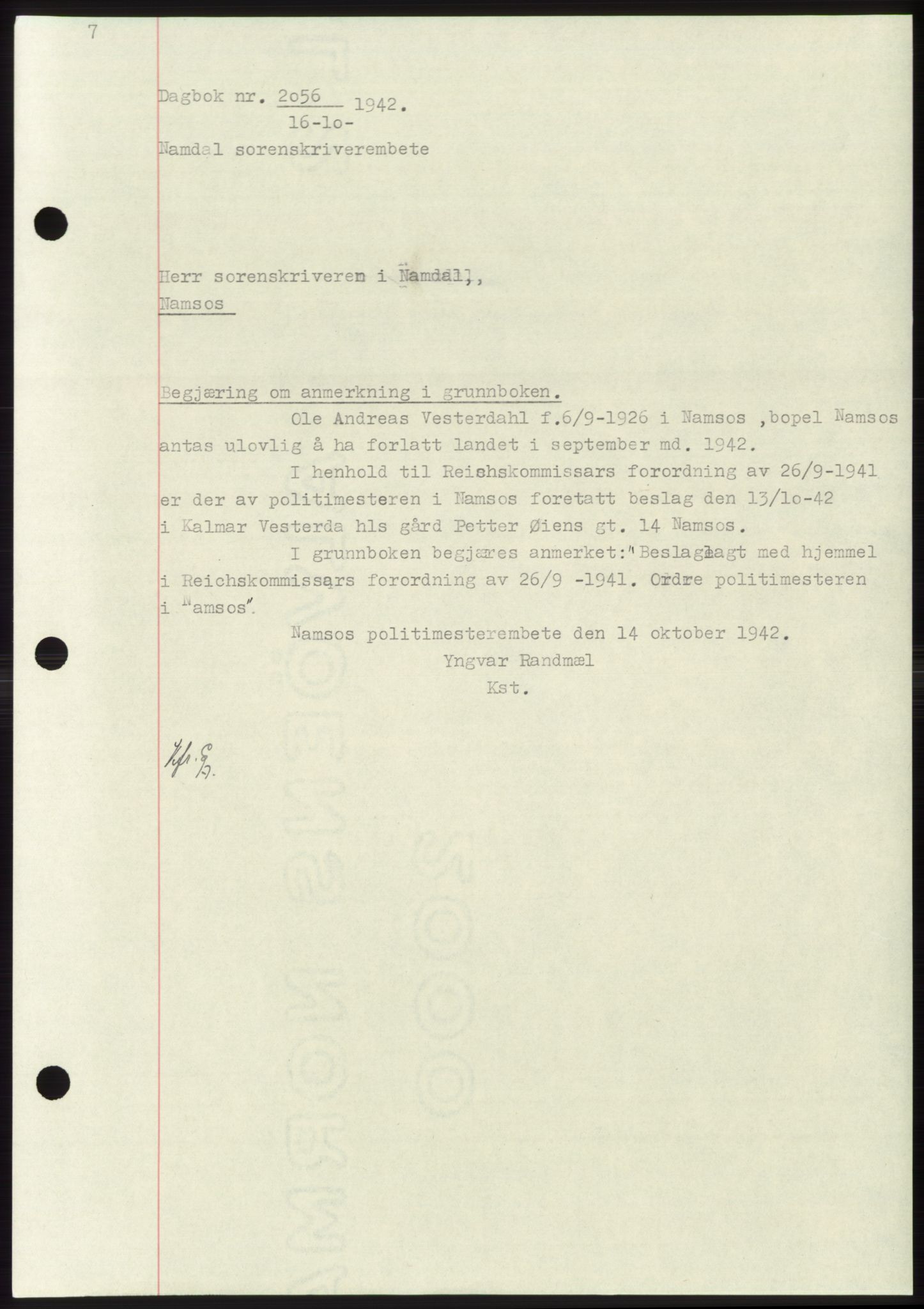 Namdal sorenskriveri, SAT/A-4133/1/2/2C: Pantebok nr. -, 1942-1943, Dagboknr: 2056/1942
