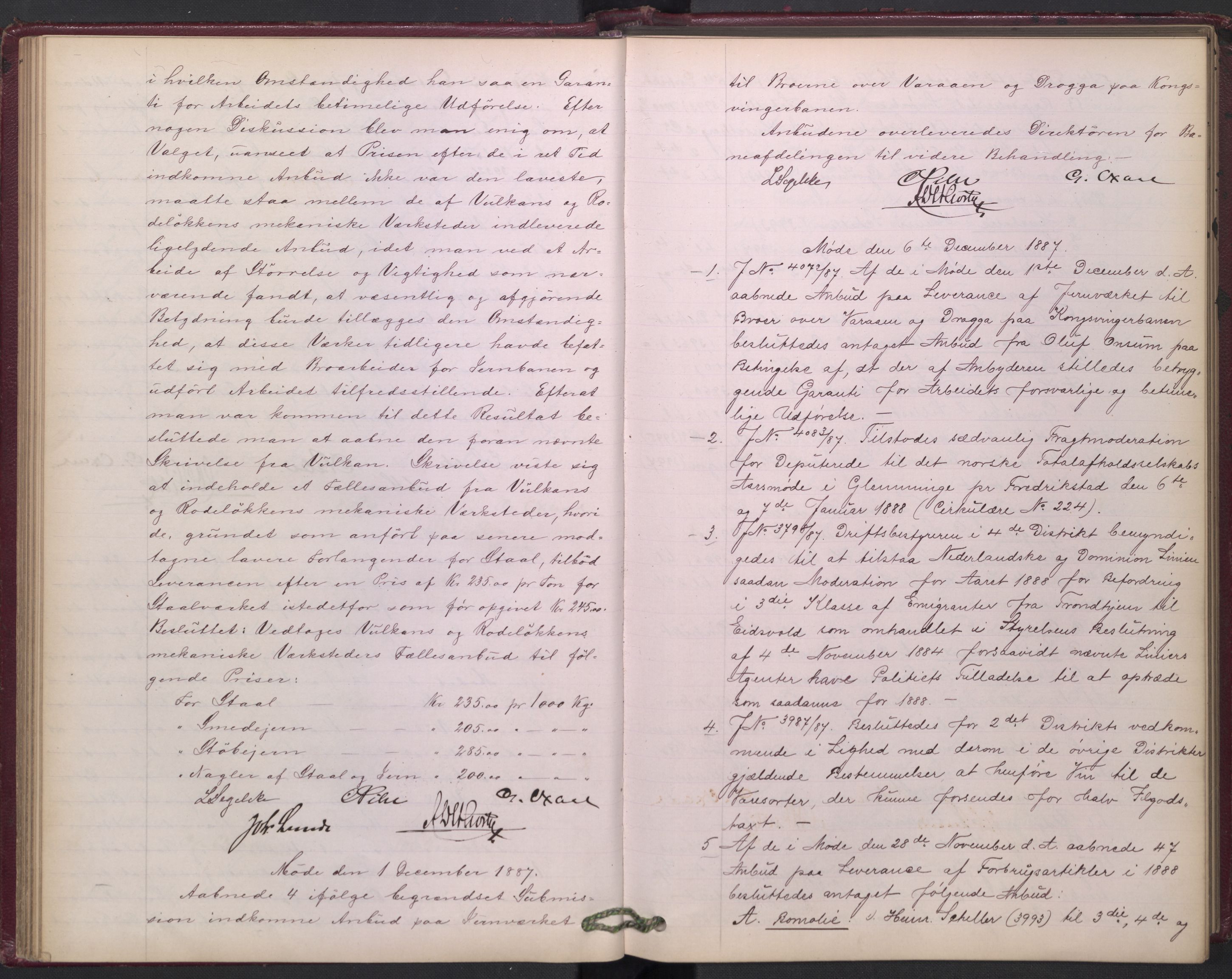 Norges statsbaner, Administrasjons- økonomi- og personalavdelingen, AV/RA-S-3412/A/Aa/L0001: Forhandlingsprotokoll, 1887-1891