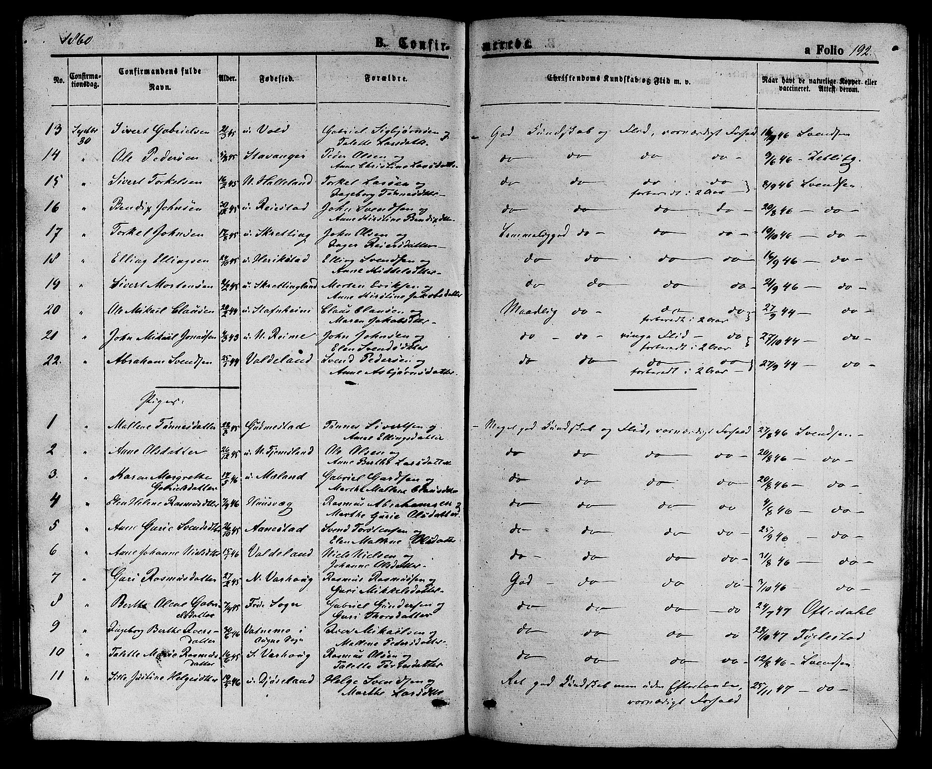 Hå sokneprestkontor, AV/SAST-A-101801/001/30BB/L0002: Klokkerbok nr. B 2, 1854-1883, s. 192