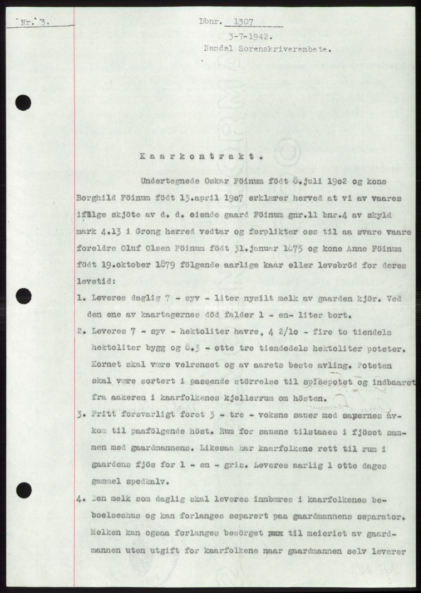 Namdal sorenskriveri, SAT/A-4133/1/2/2C: Pantebok nr. -, 1942-1943, Dagboknr: 1307/1942