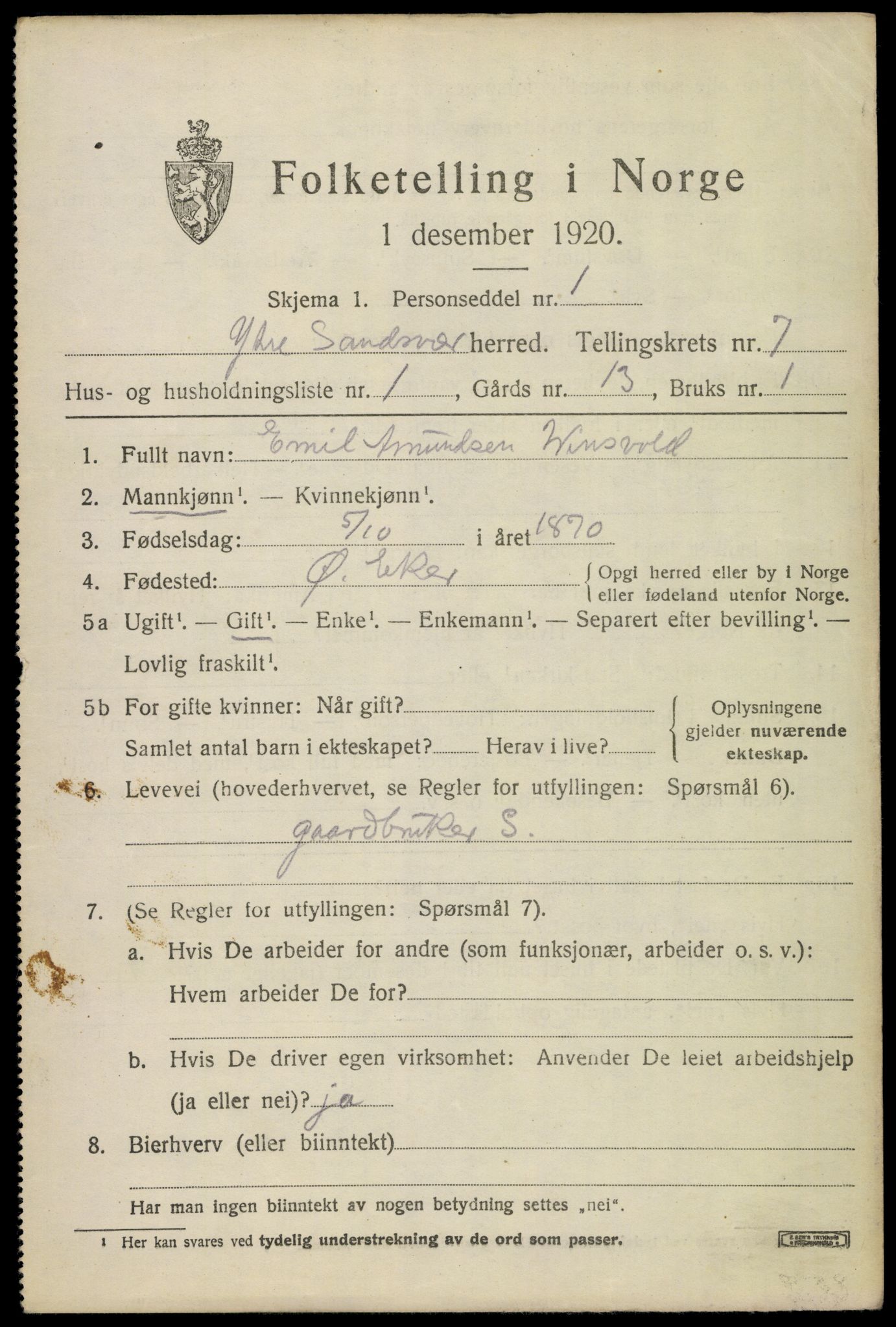 SAKO, Folketelling 1920 for 0629 Ytre Sandsvær herred, 1920, s. 5696