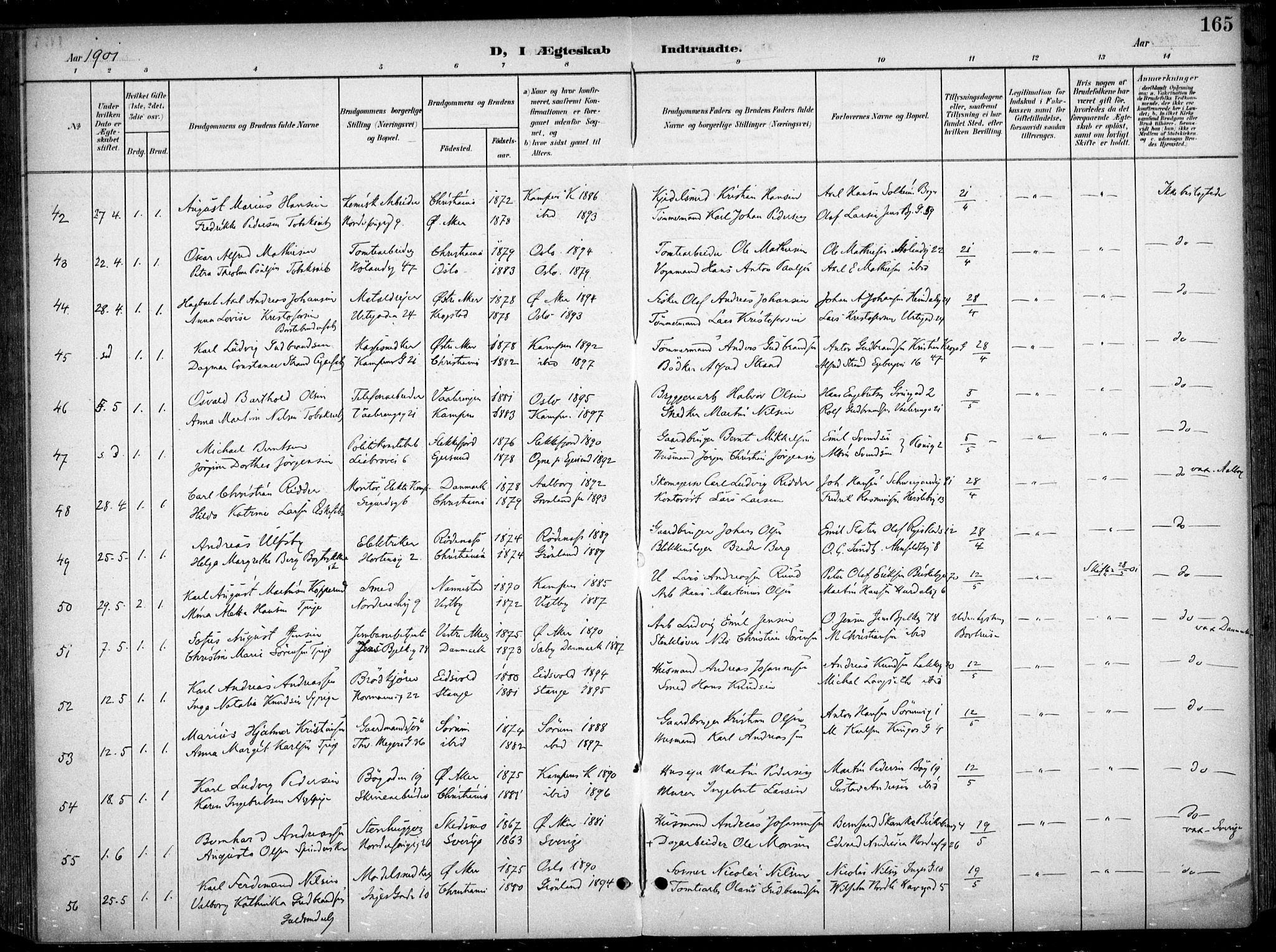 Kampen prestekontor Kirkebøker, AV/SAO-A-10853/F/Fa/L0009: Ministerialbok nr. I 9, 1899-1911, s. 165