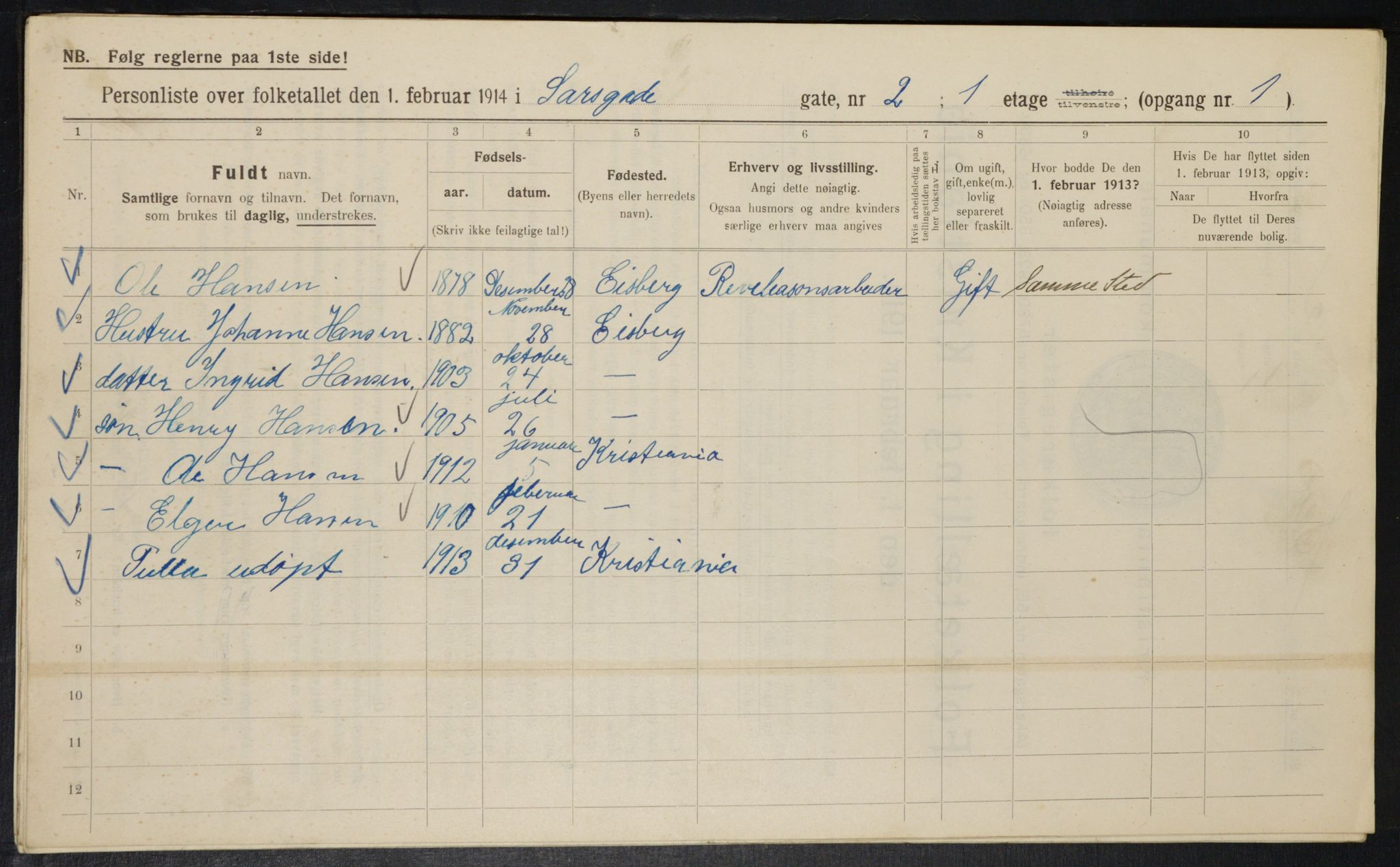 OBA, Kommunal folketelling 1.2.1914 for Kristiania, 1914, s. 89063
