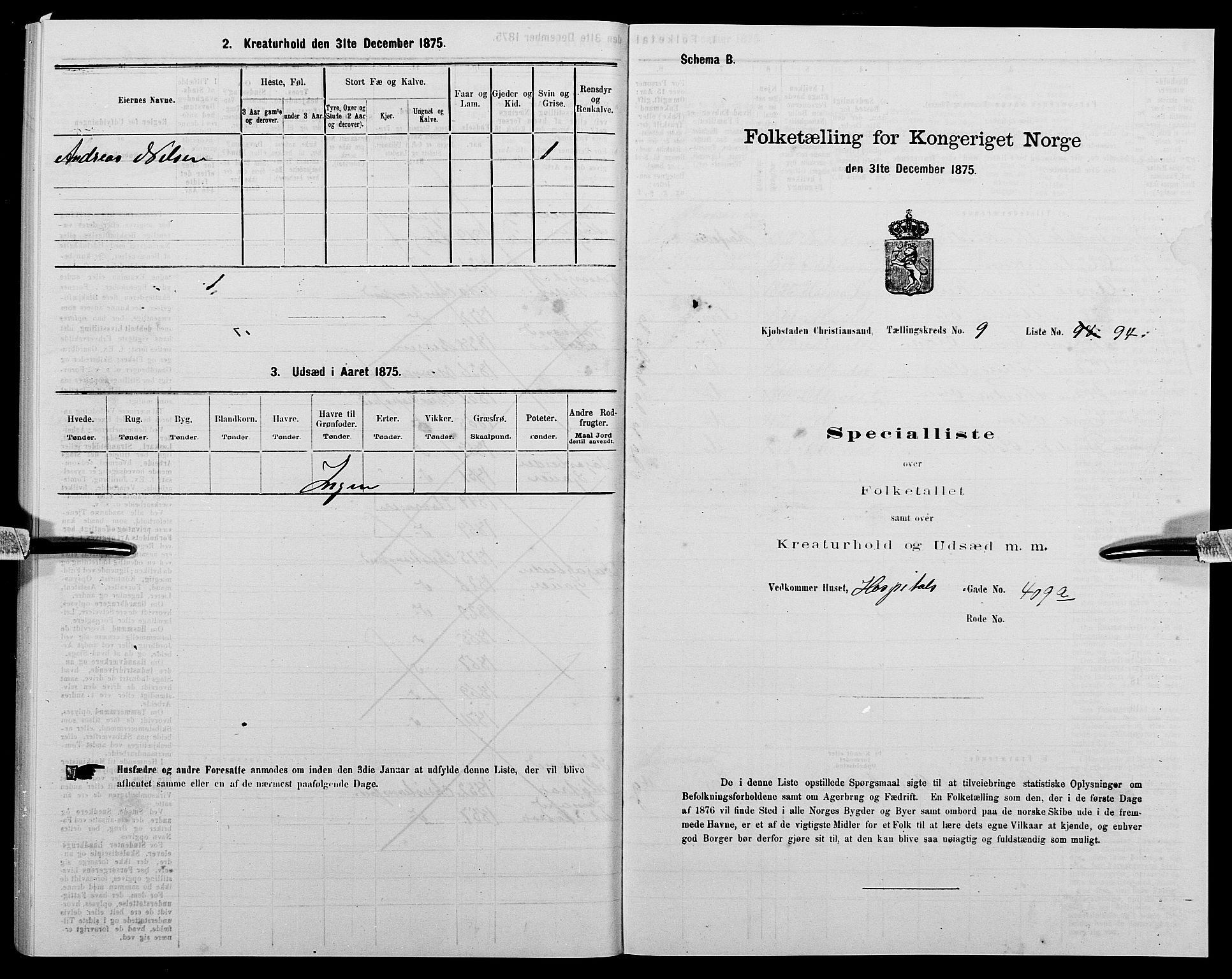 SAK, Folketelling 1875 for 1001P Kristiansand prestegjeld, 1875, s. 1697