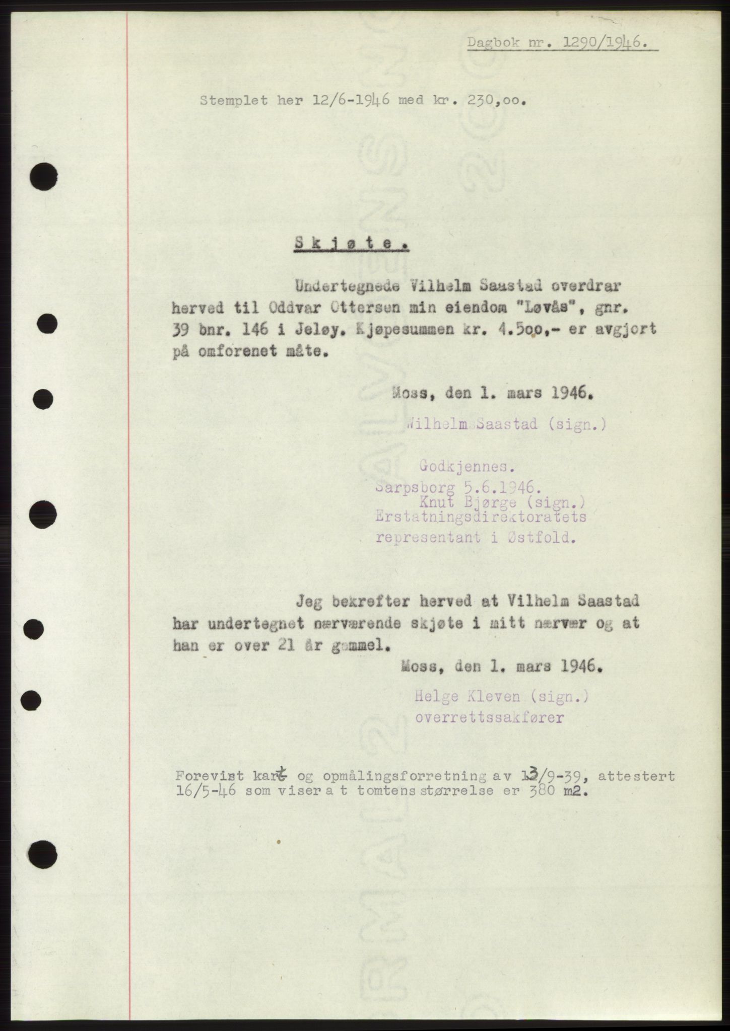 Moss sorenskriveri, SAO/A-10168: Pantebok nr. B15, 1946-1946, Dagboknr: 1290/1946