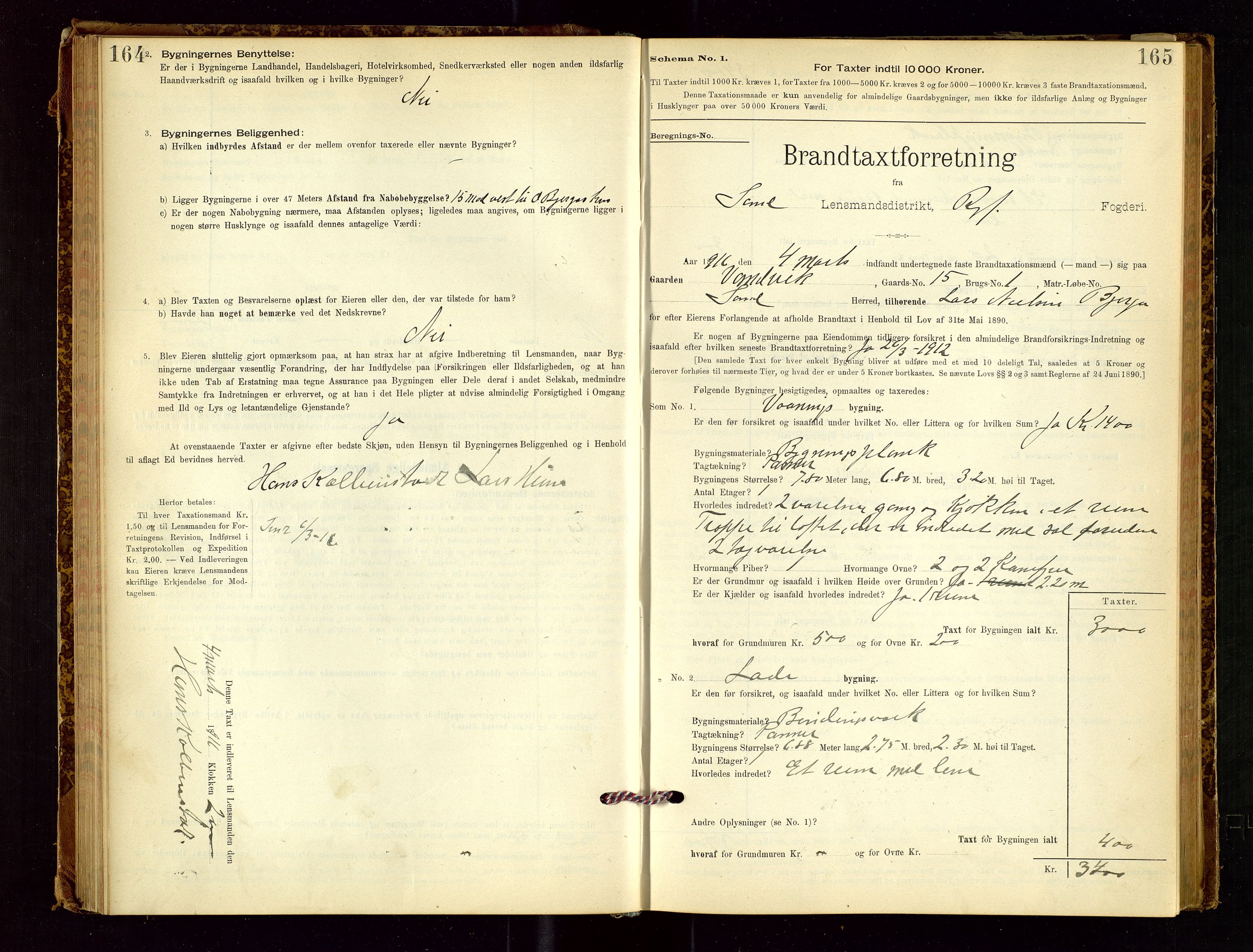 Sand lensmannskontor, AV/SAST-A-100415/Goc/L0001: "Brandtaxationsprotokol", 1895-1935, s. 164-165